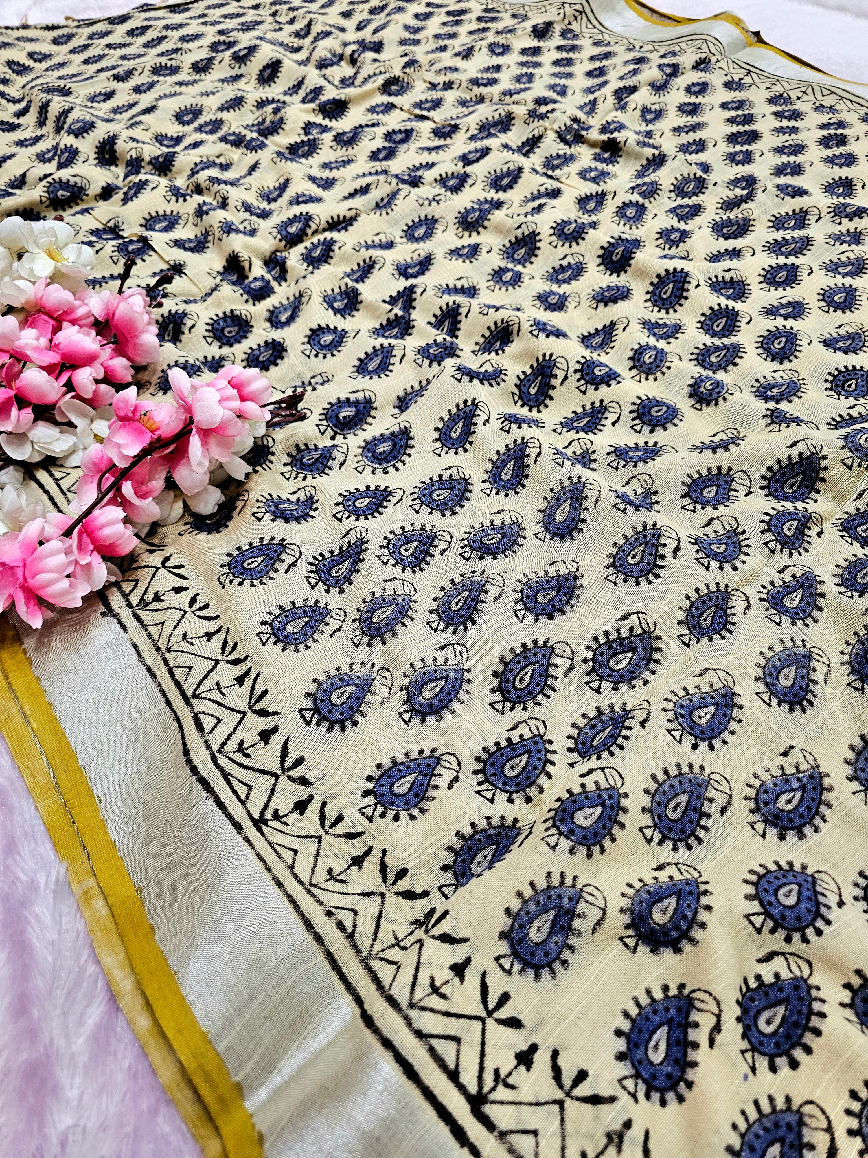100206 Pure Rajasthani Natural Cotton Linen Hand Printed Saree