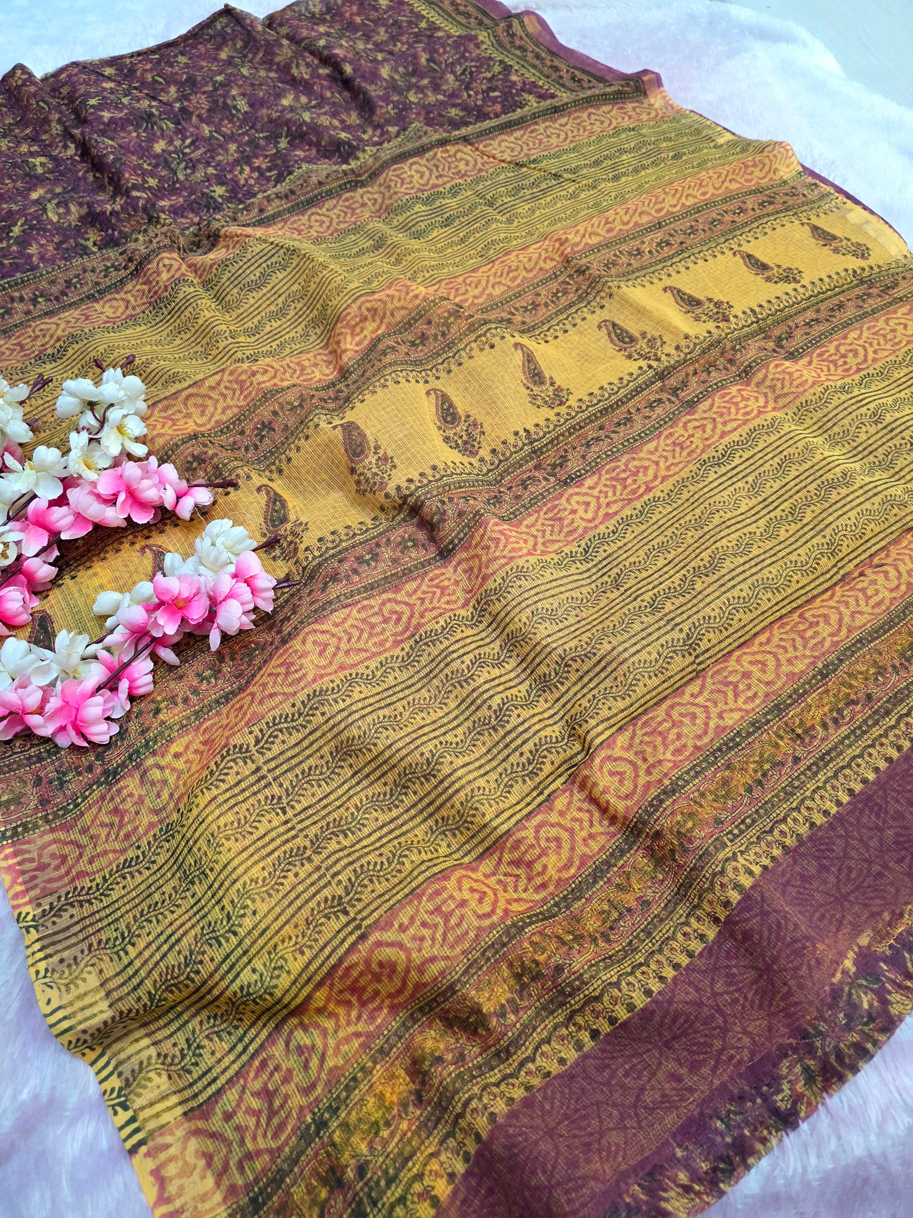 100402 Pure Handmade Flower Printed Natural Dye Kota Doria Saree