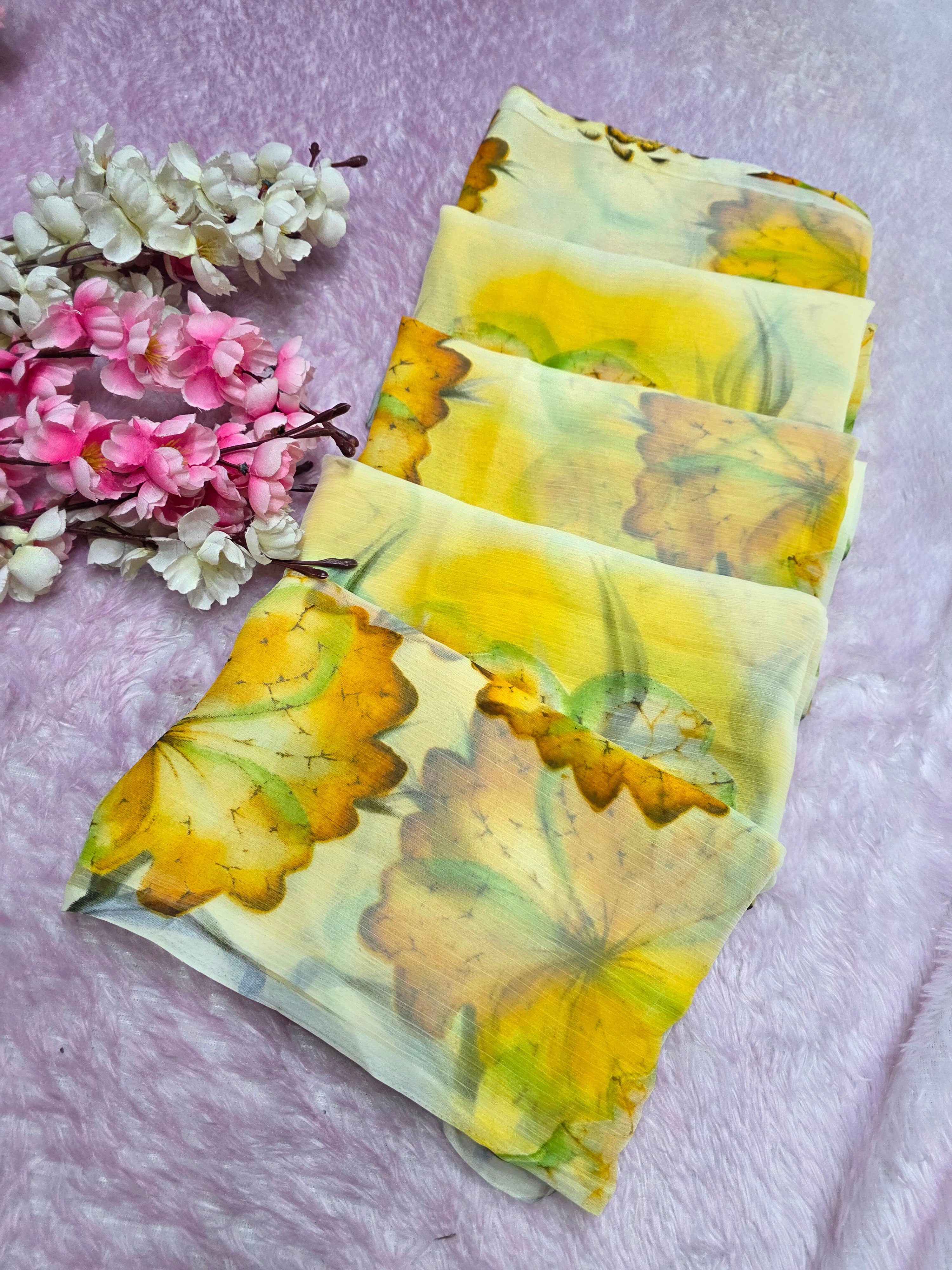 103902 Lightweight Elegant Semi Chiffon Flower Print Saree - Yellow