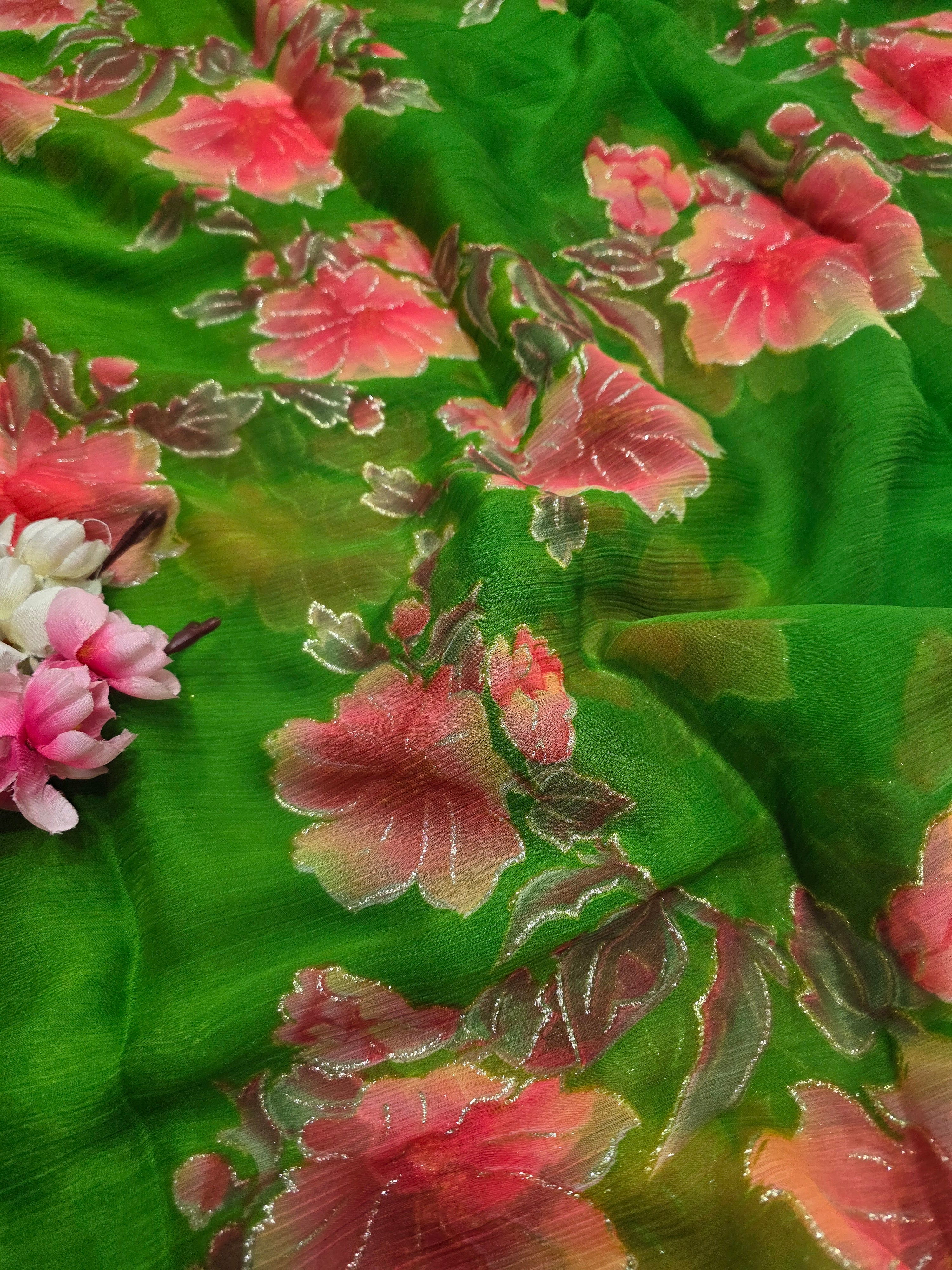 991005 Lightweight Elegant Semi Chiffon Flower Print Saree with Zari Print - Parrot Green