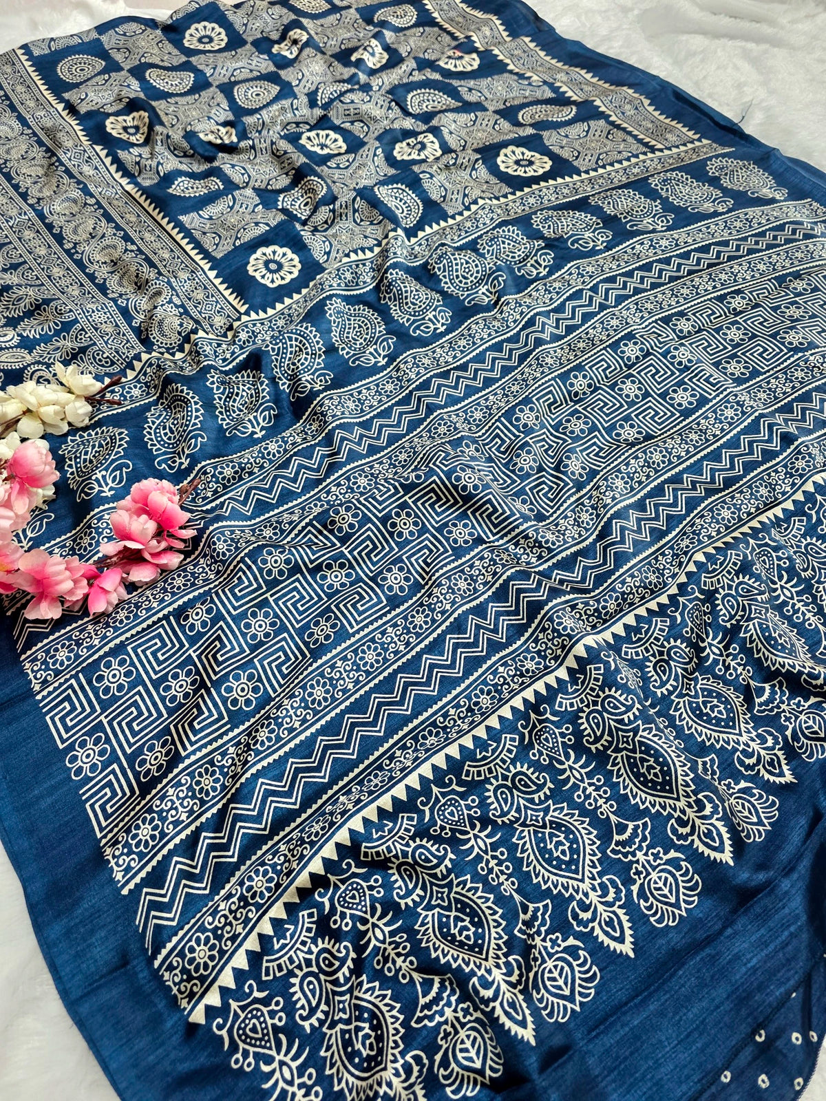 DS287 Semi Dola Silk Block Print Saree - Navy Blue