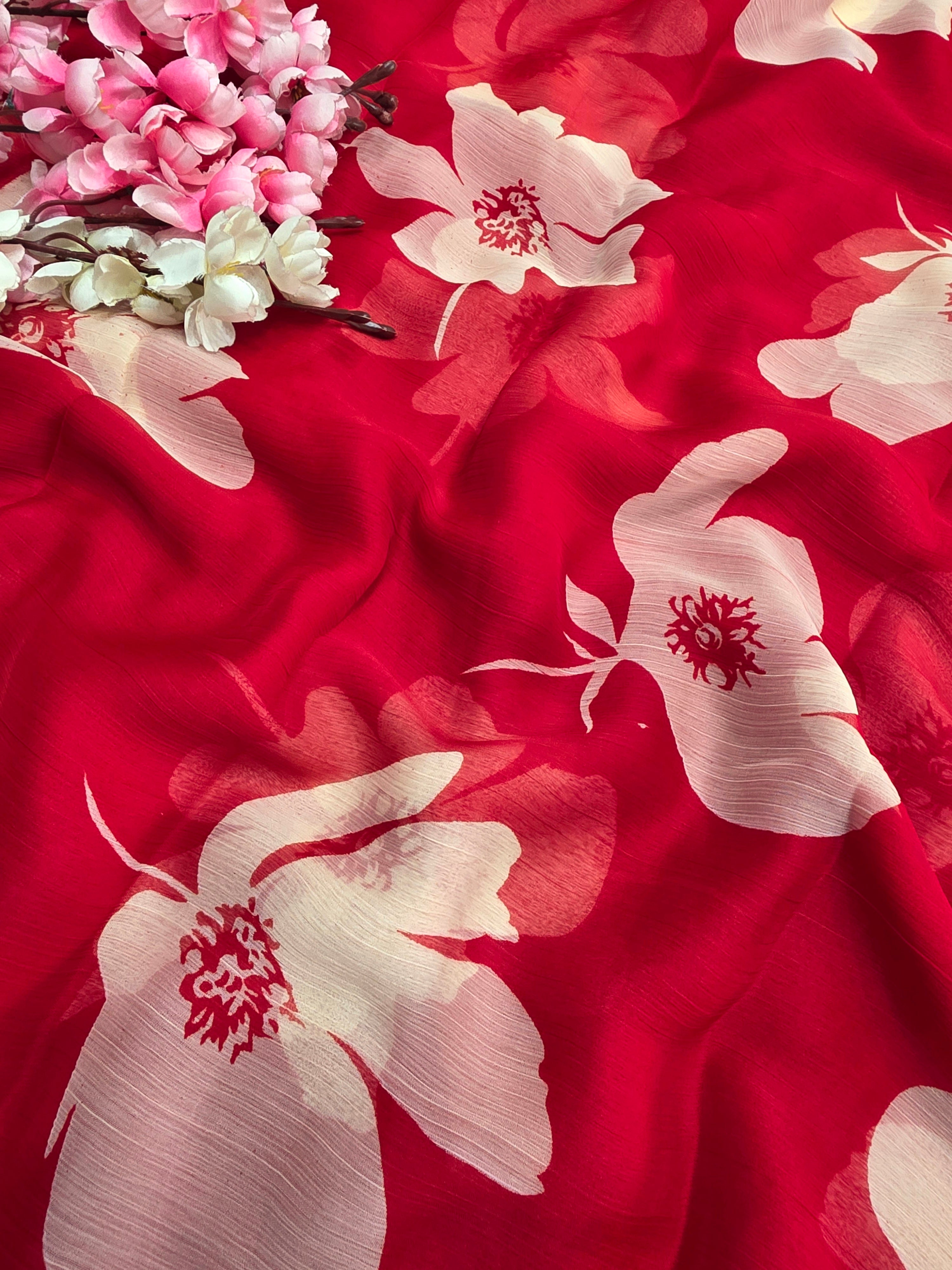 103903 Lightweight Elegant Semi Chiffon Flower Print Saree - Red