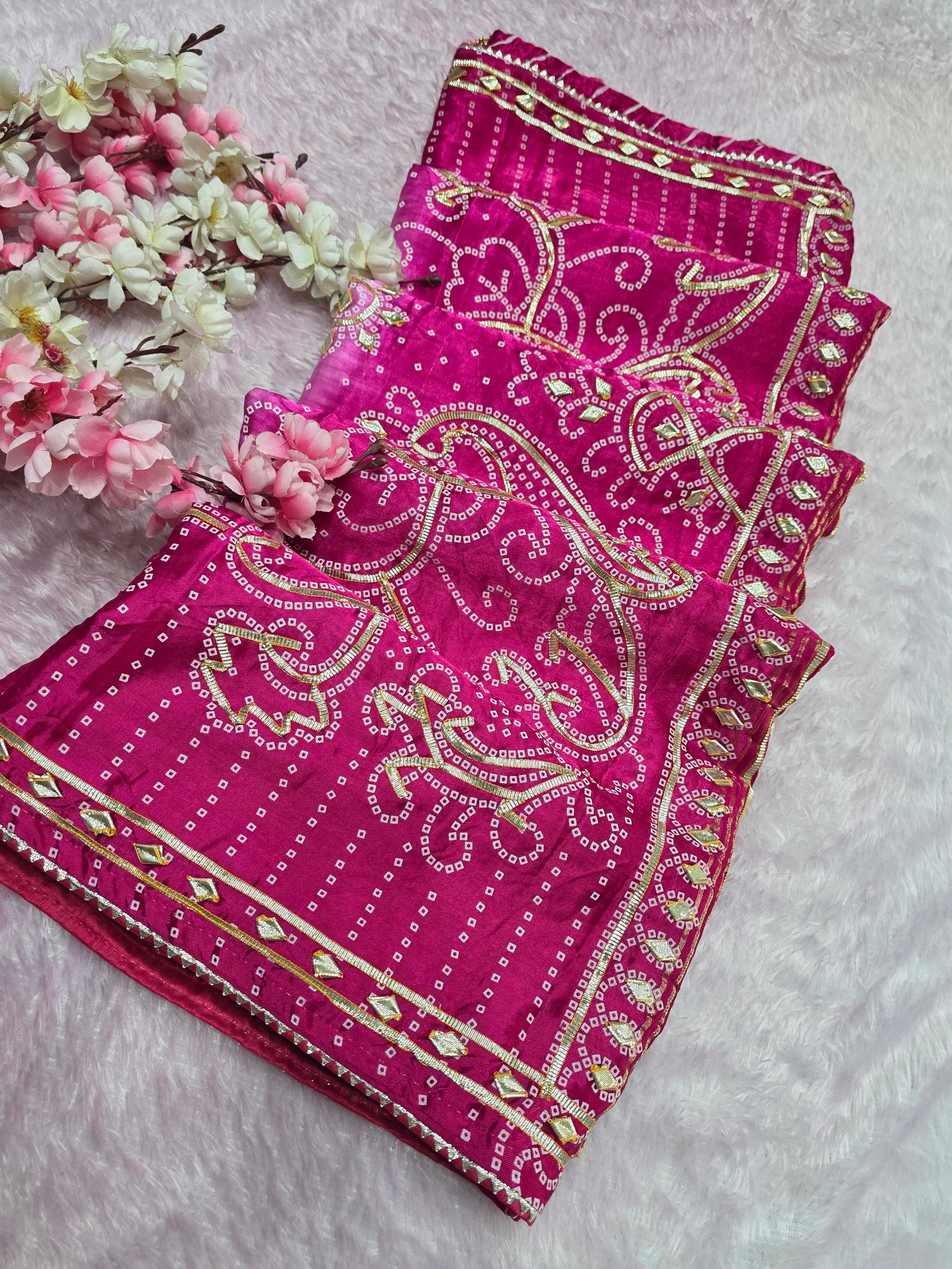 CA0763 Traditional Lehriya Semi Gajji Silk Saree With Kachhi Gota Patti - Pink