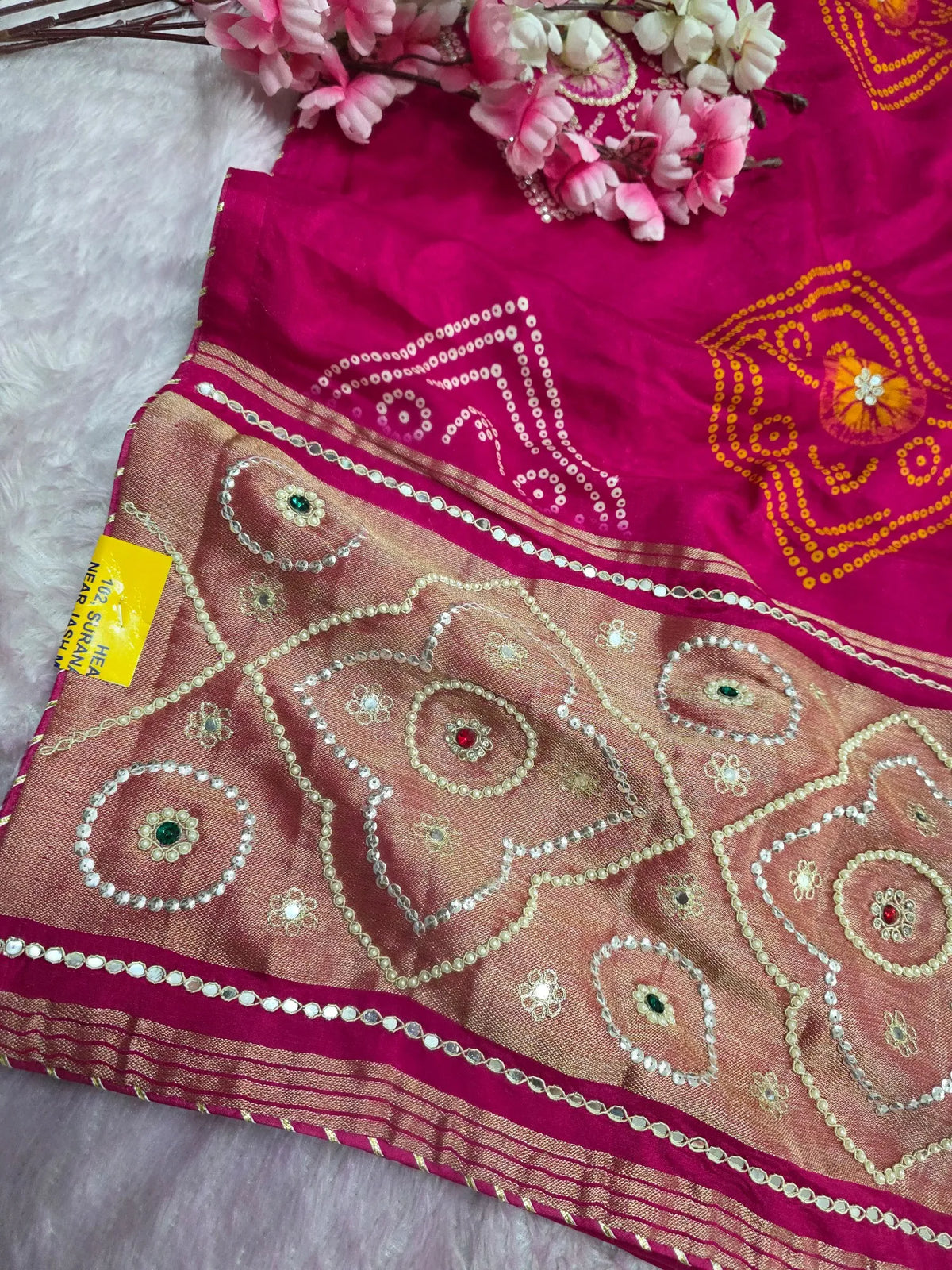 7300 Pure Upada Silk Bandhani Saree with Handwork - Rani