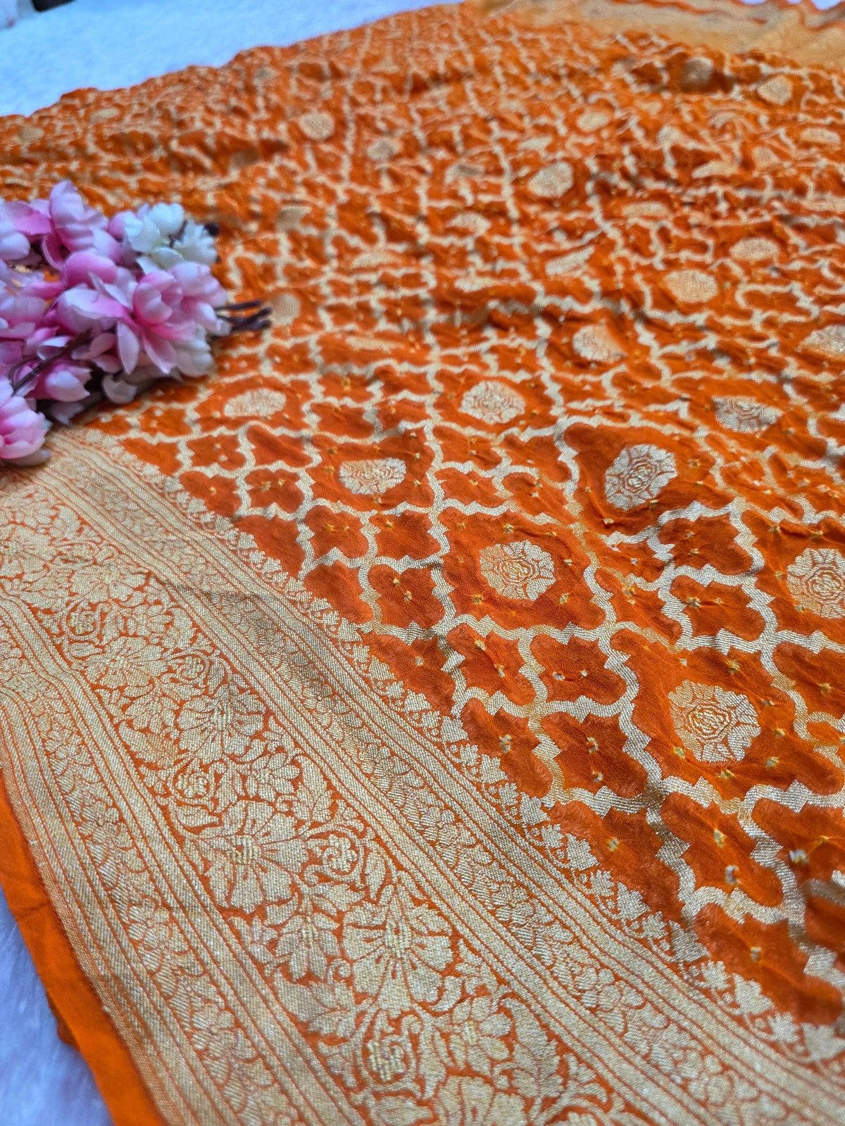 CA1529 Pure Georgette Hand Rai Bandhani Ornage Color Saree