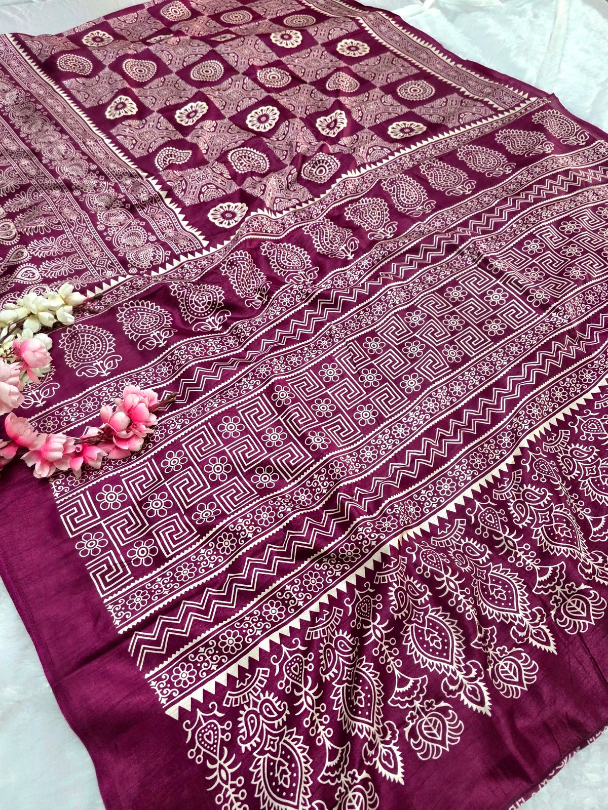 DS287 Semi Dola Silk Block Print Saree - Wine
