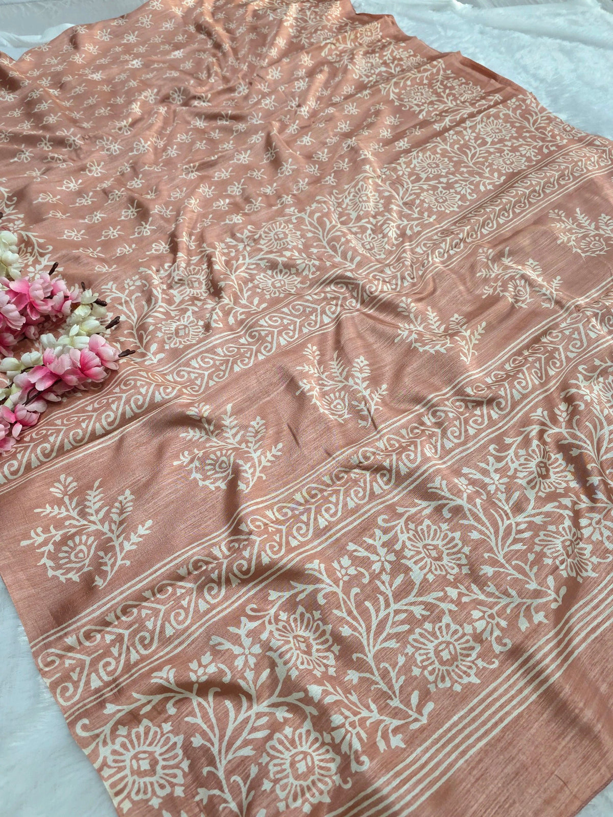 KS121 Semi Dola Silk Block Print Saree - Peach