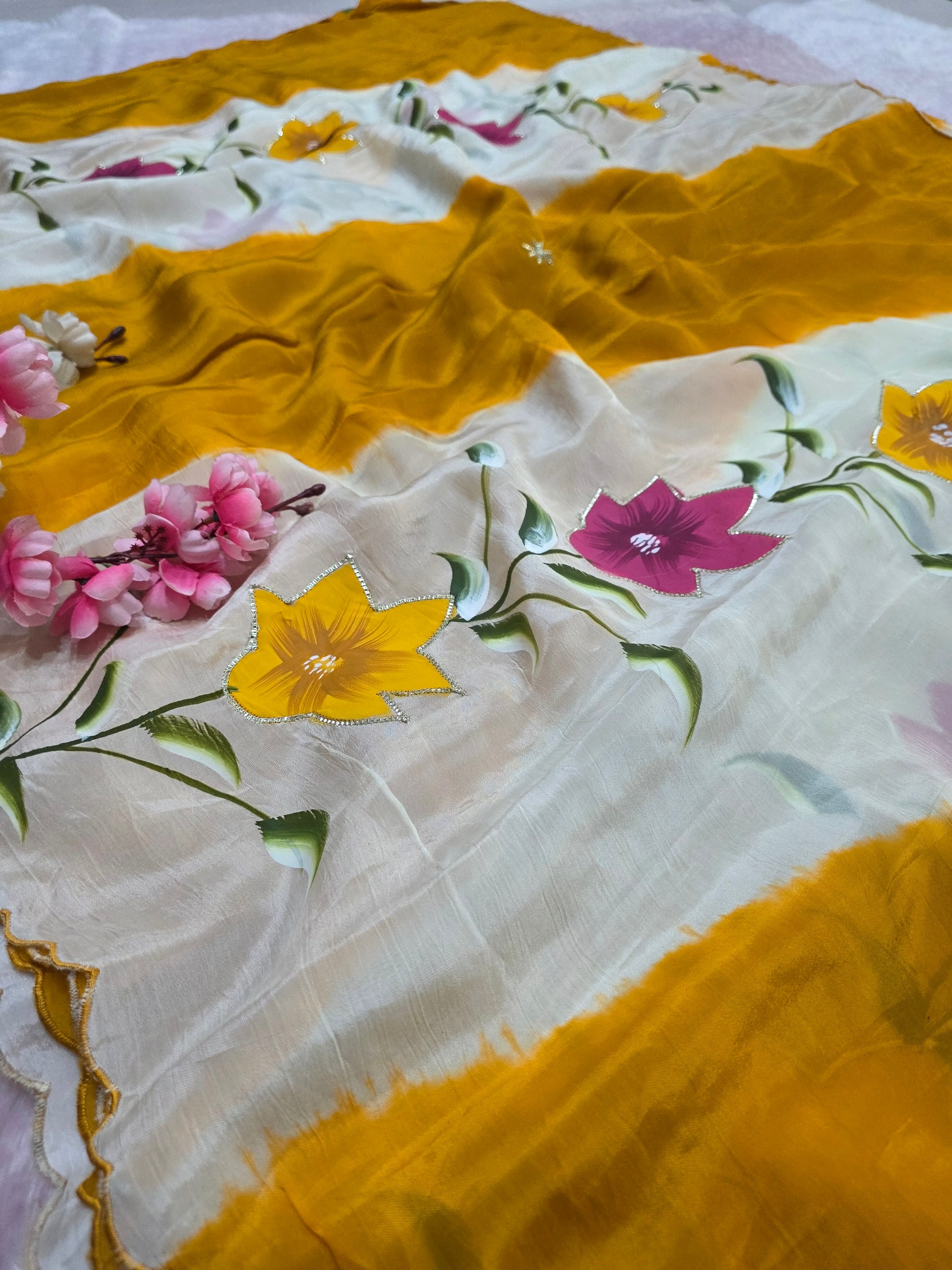 CA0749 Pure H.O. Silk Hand Painted Saree with Gota Work - Mustered