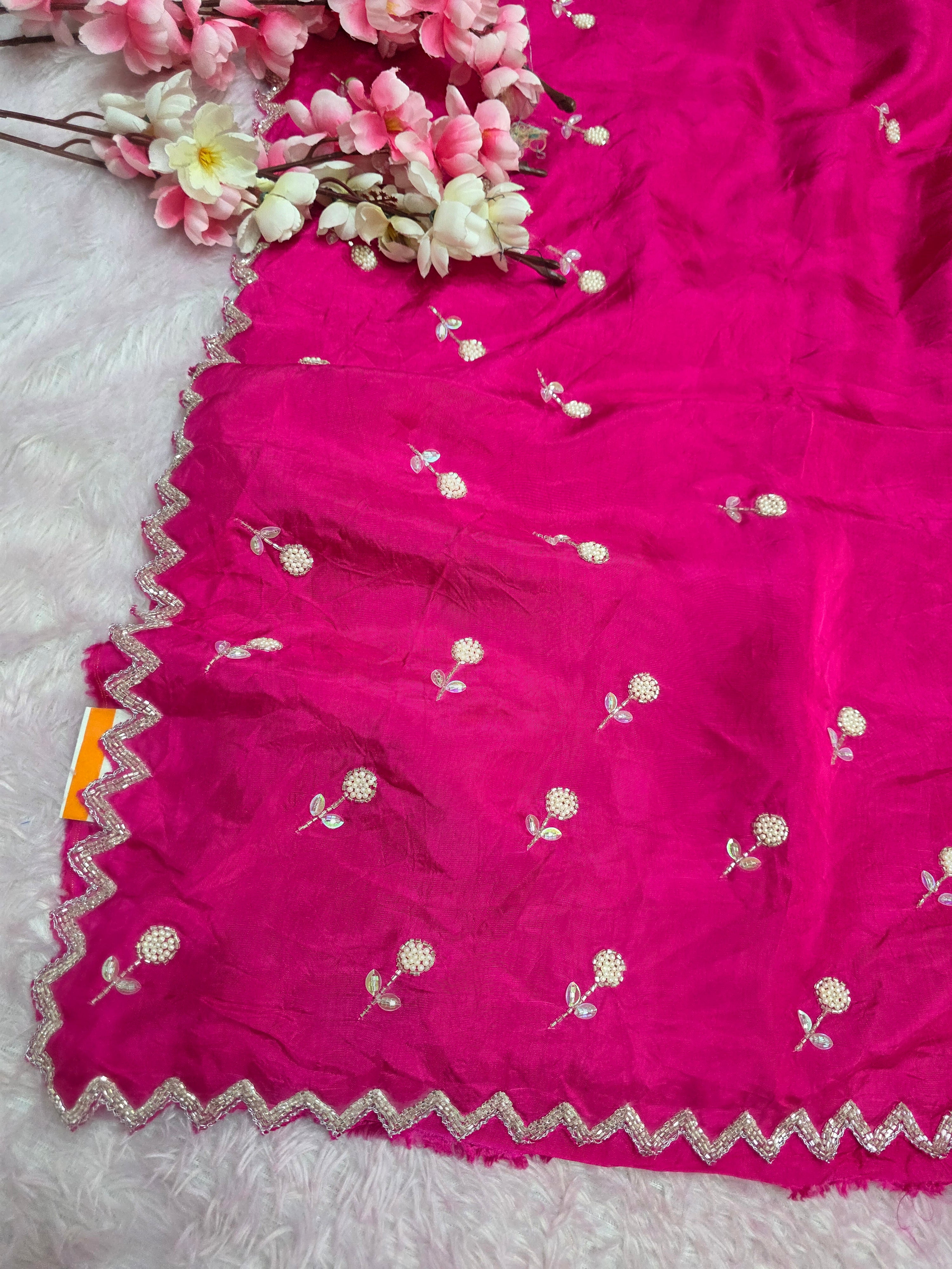 103704 Pure Upada SIlk Designs Party Wear Saree with Pearl and Cutdana Work - Rani