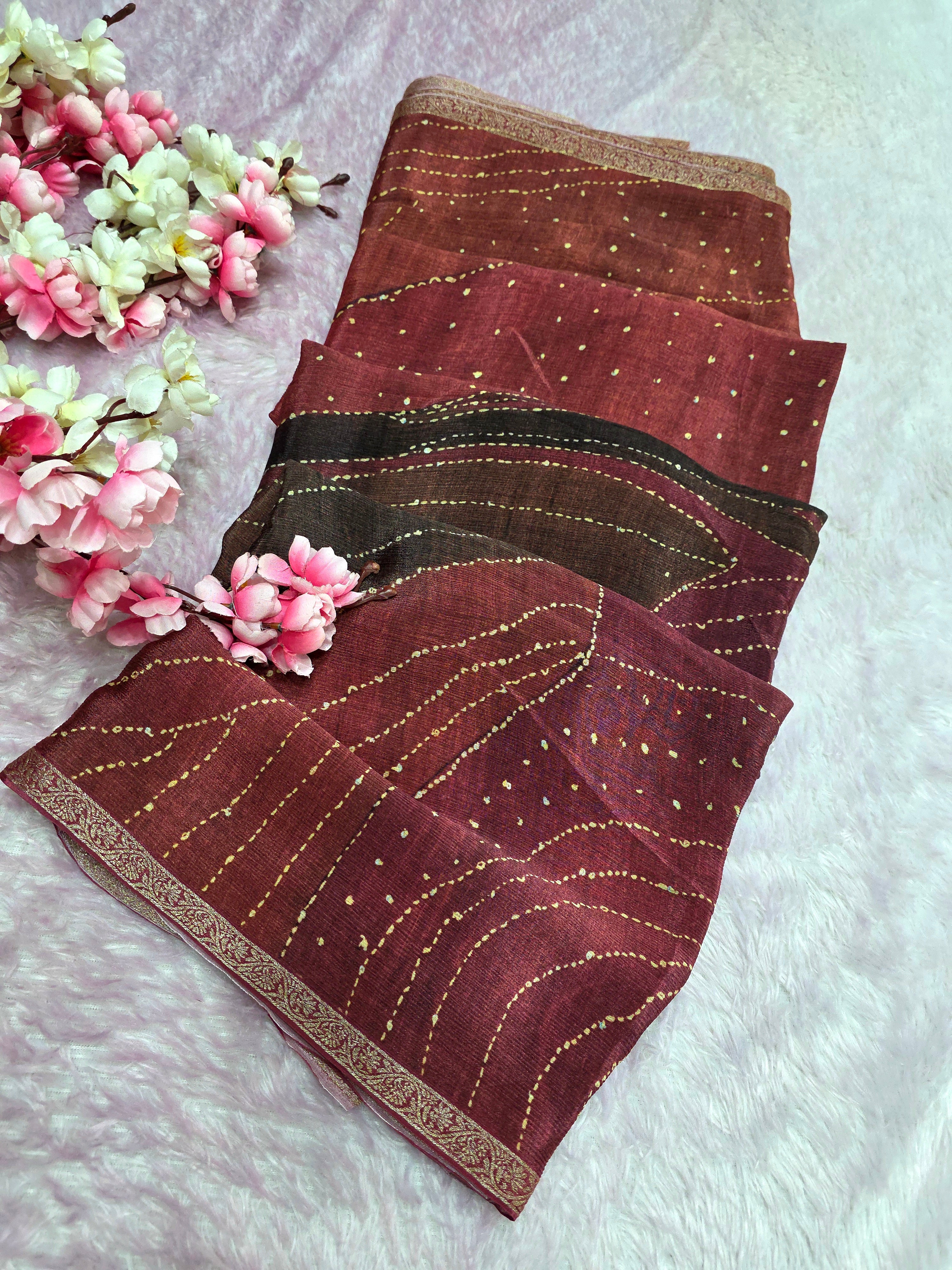 CA0823 Pure Chinon Silk Designer Print Saree - Brown