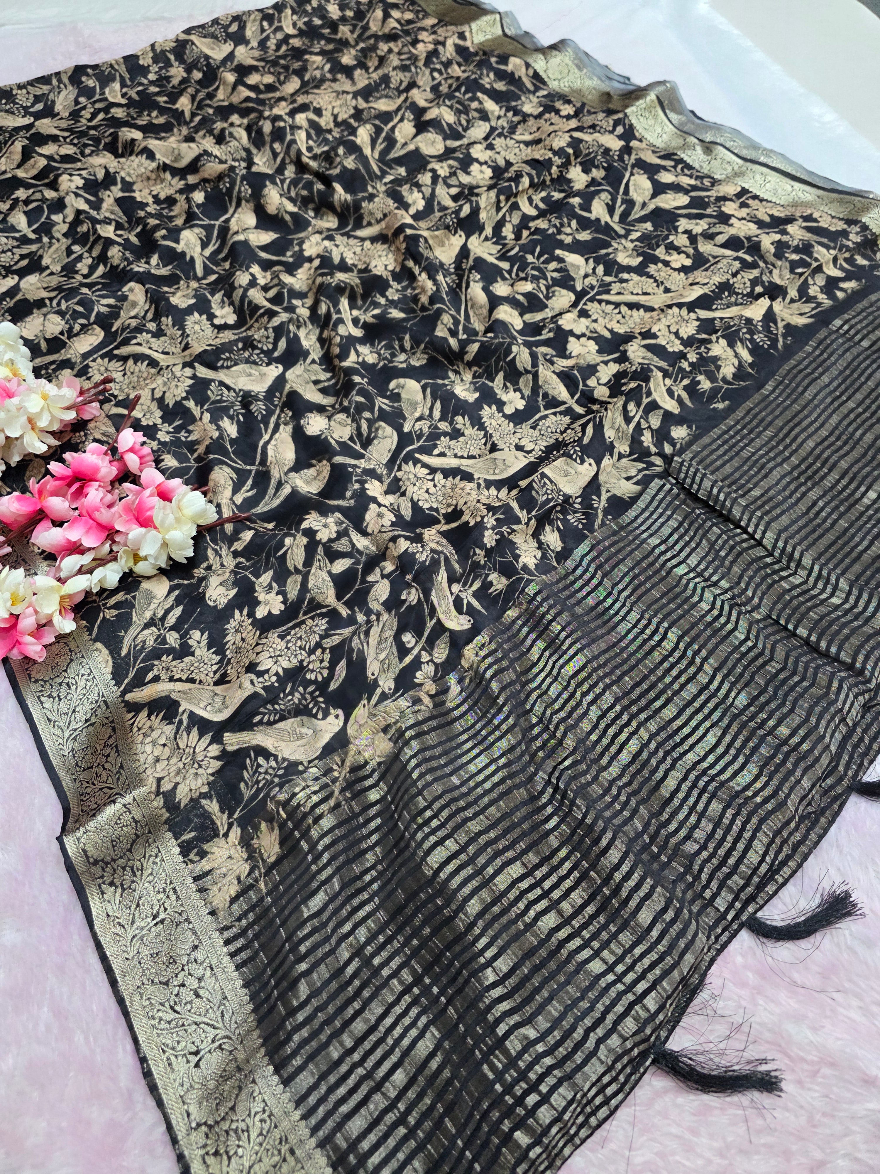 CA0703 Chitra Special Pure Chinon Silk Printed Saree Black
