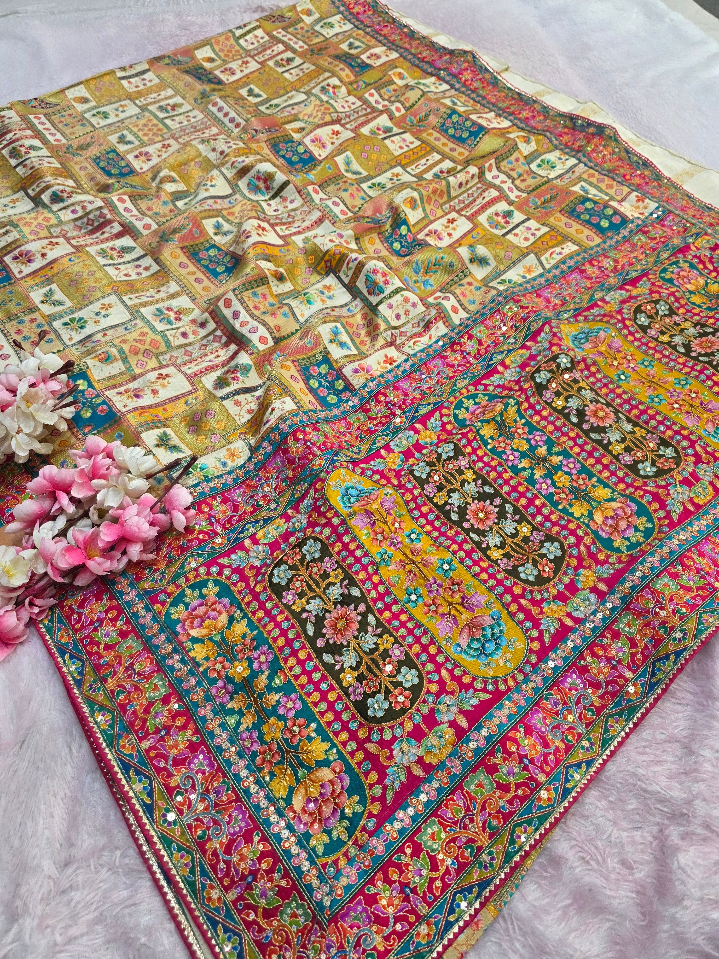 1070 Royal Kashmiri Pashmina Saree with Designer Stitched Blouse - Cream