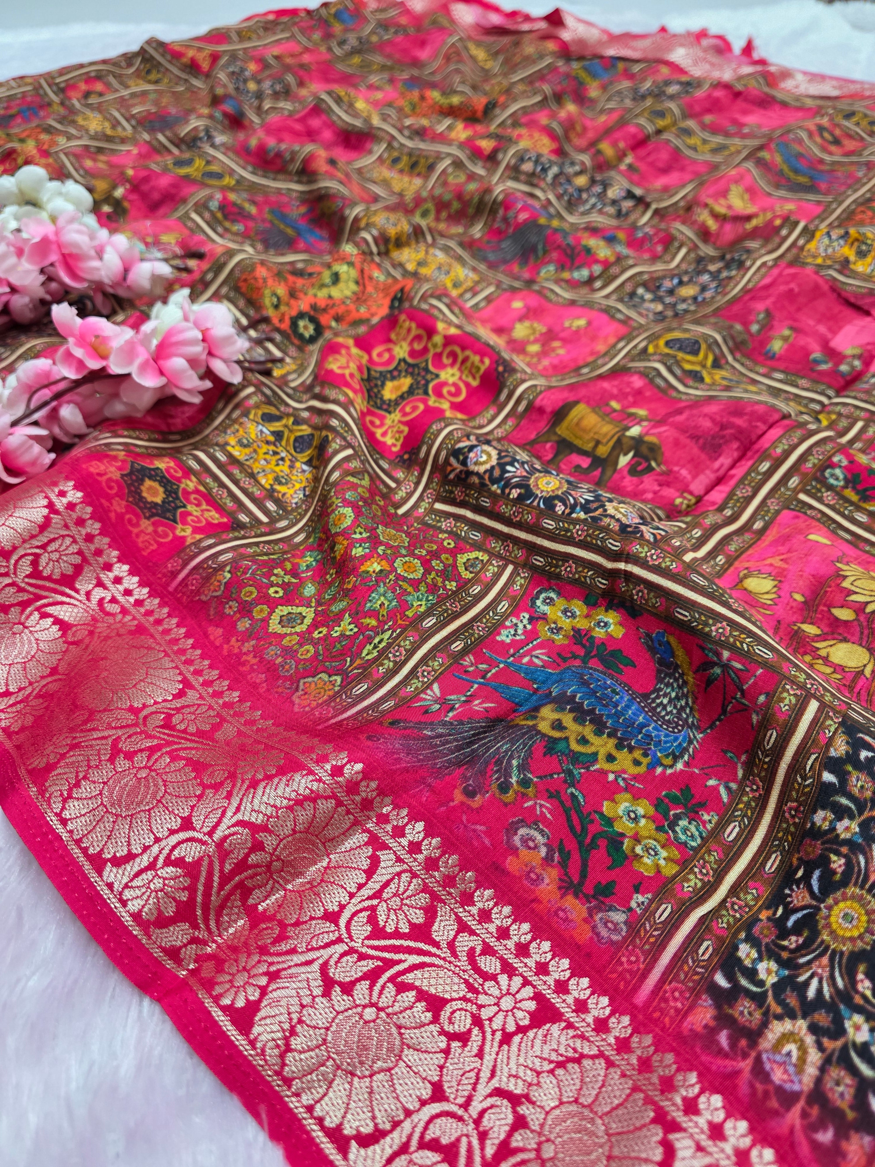 103201 Exclusive Pure Maslin Silk Traditional Print Saree with Zari Weaving Border