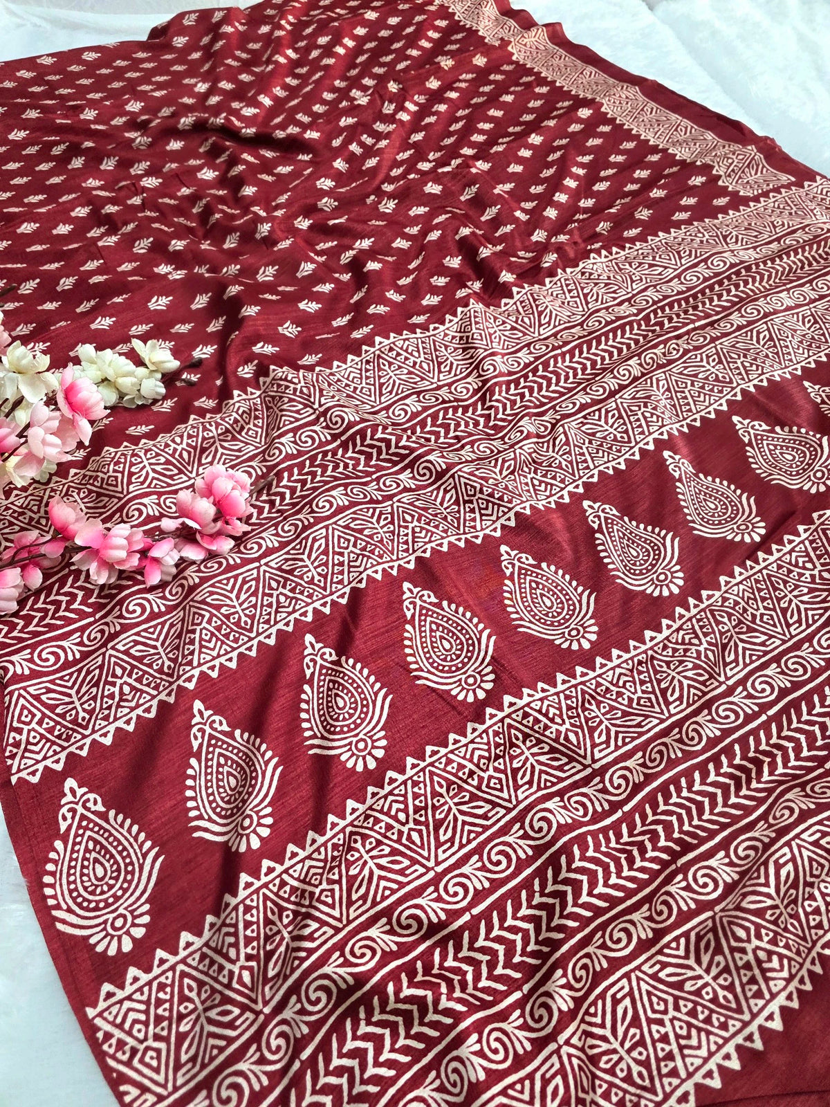KS122 Semi Dola Silk Block Print Saree - Maroon