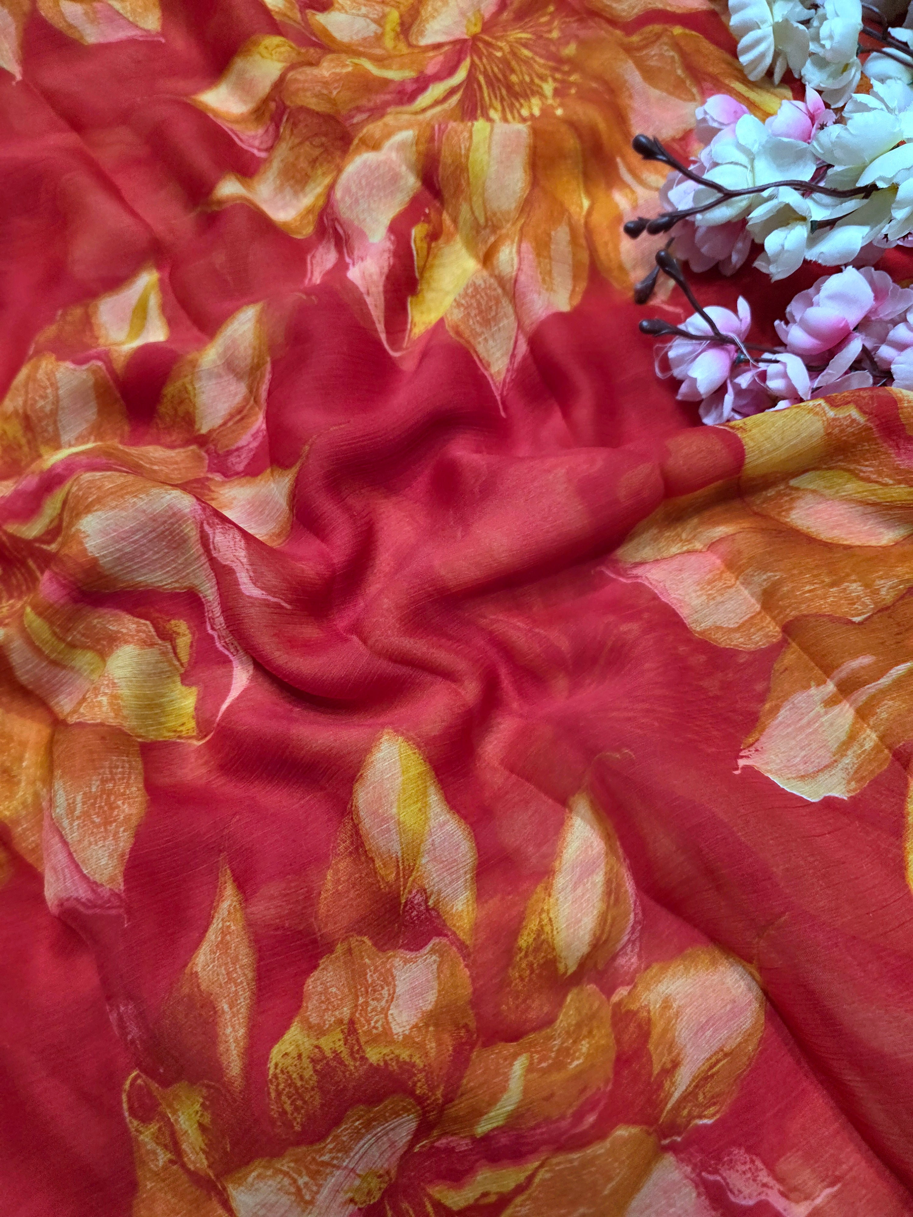 905001 Lightweight Elegant Semi Chiffon Flower Print Saree - Orange