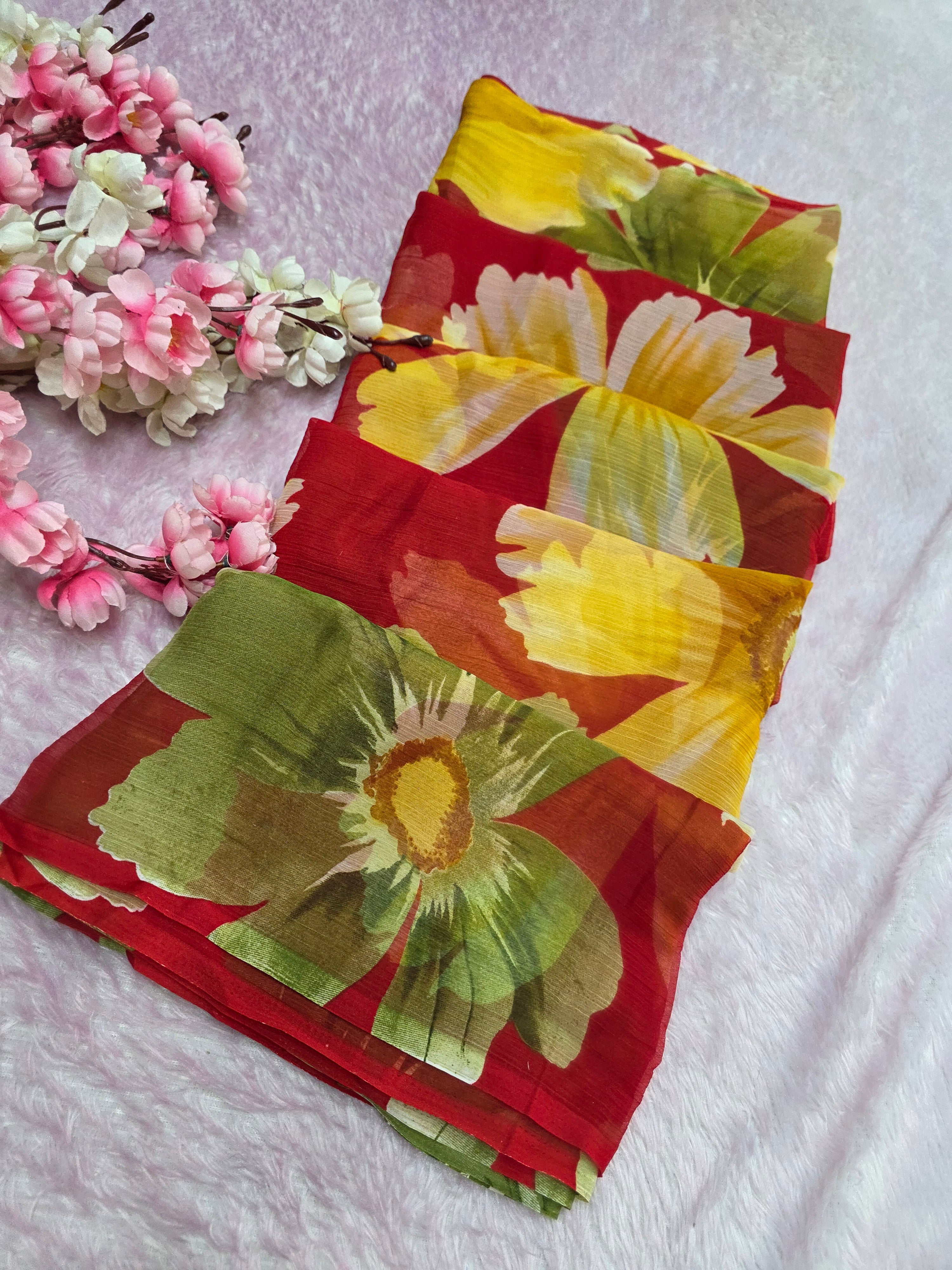 103904 Lightweight Elegant Semi Chiffon Flower Print Saree - Red