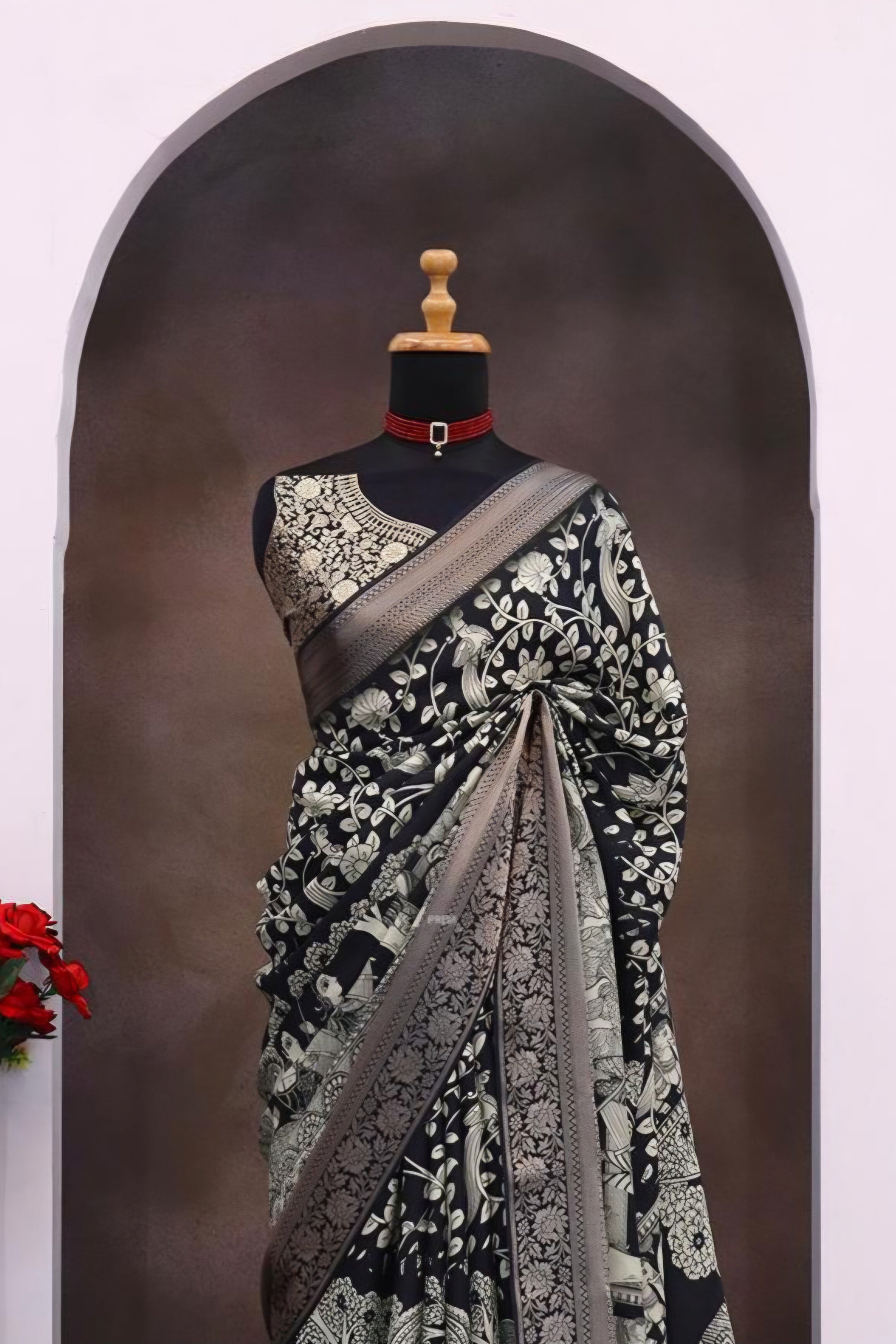 100606 Beautiful Pure Maslin Silk Traditional Print Saree with Zari Weaving Border and Heavy Brocket Blouse