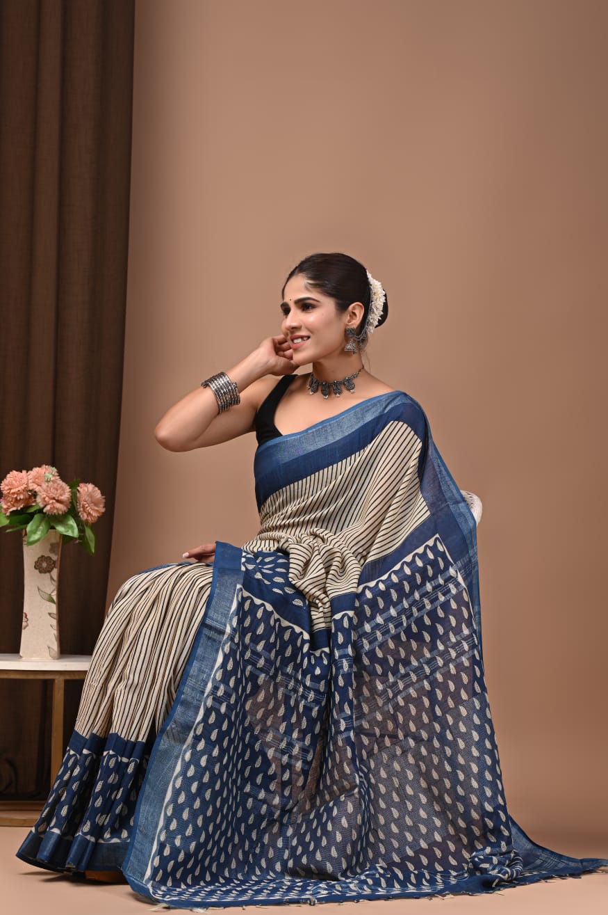 100202 Pure Rajasthani Natural Cotton Linen Hand Printed Saree