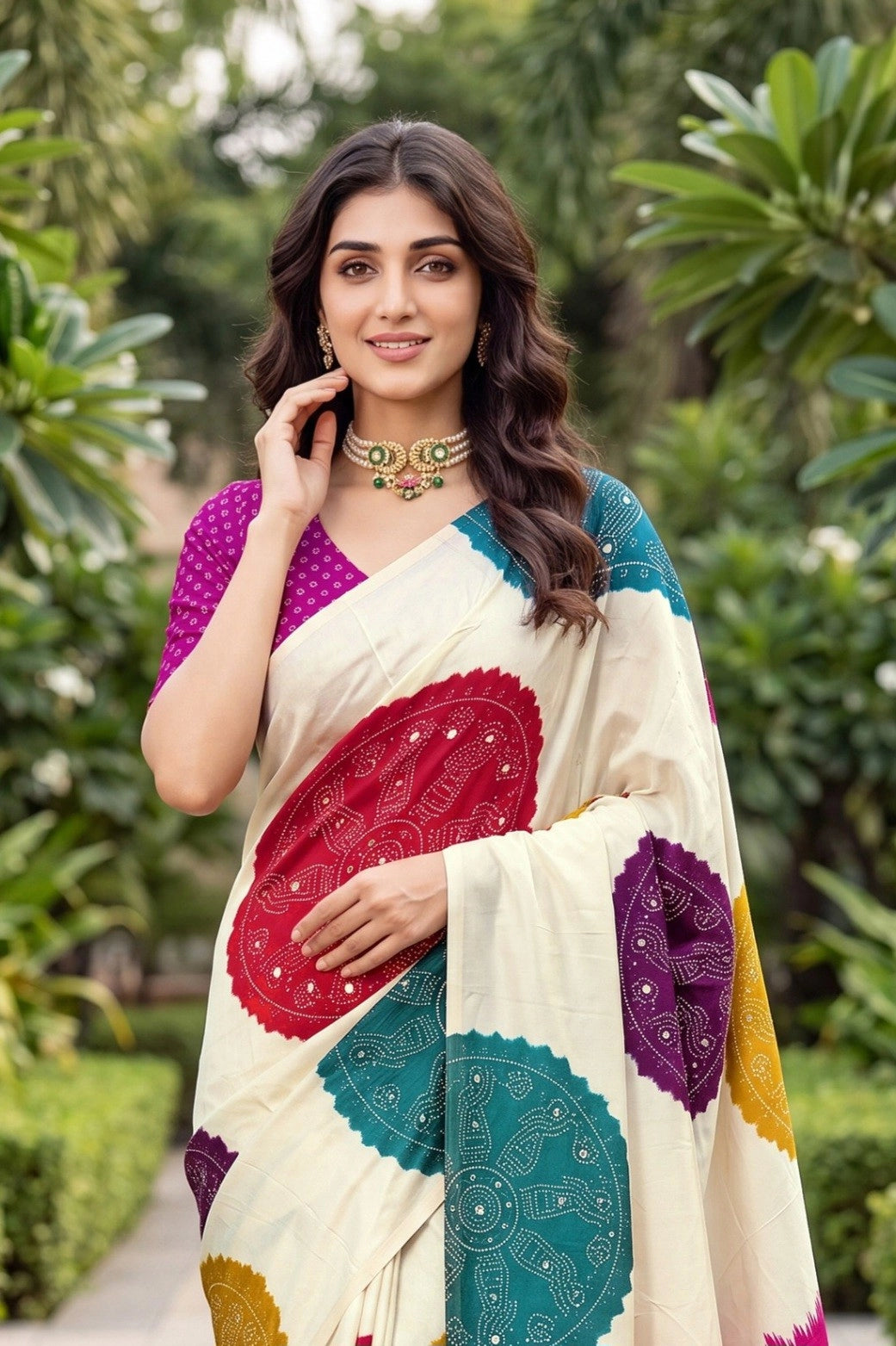 CA1499 Trending Mirror Work Ajrakh Patola Print Semi Modal Silk Saree - Pink