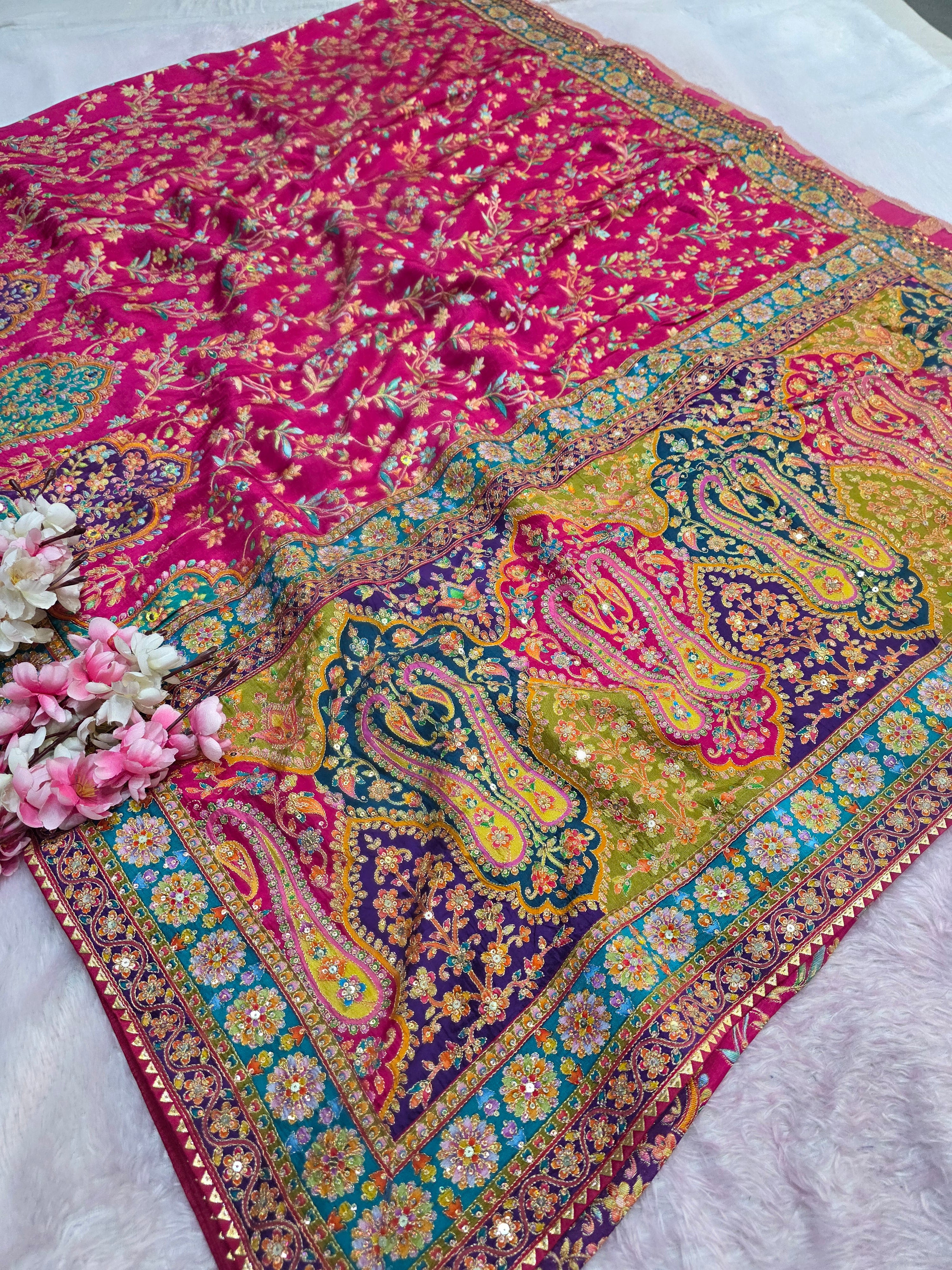 1071 Royal Kashmiri Pashmina Saree with Designer Stitched Blouse - Rani
