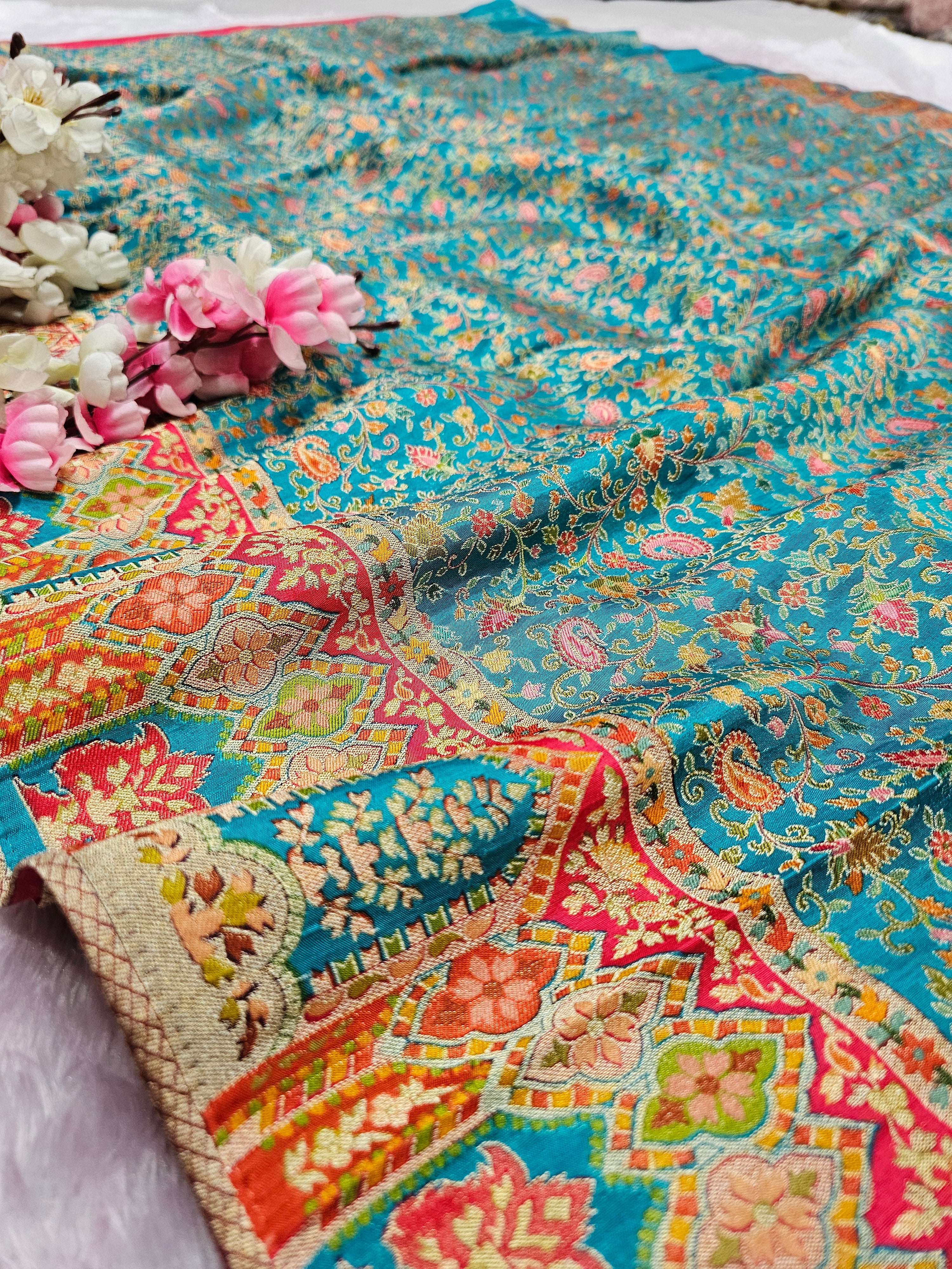 989003 Exclusive Pashmina Kashmiri Work Pure Viscos Silk Firozi Blue Saree