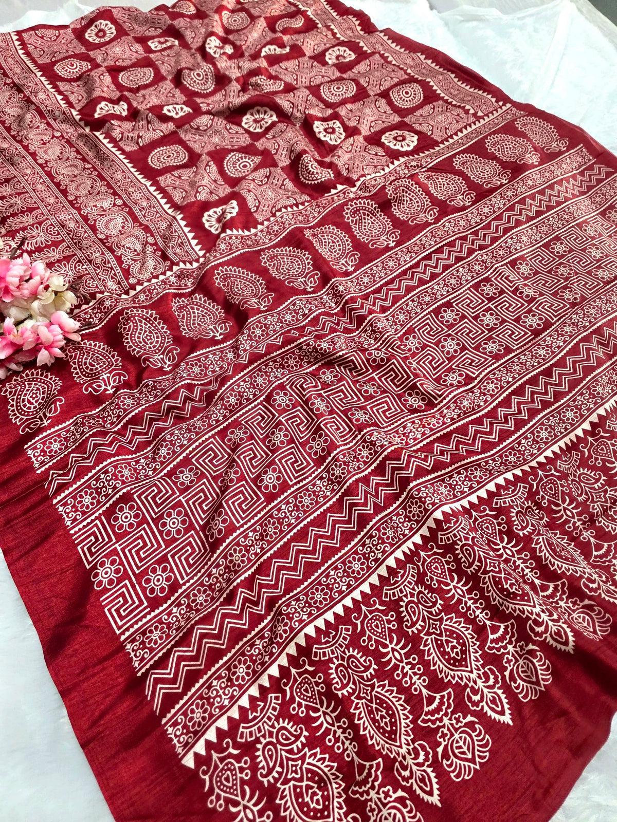 DS287 Semi Dola Silk Block Print Saree - Maroon