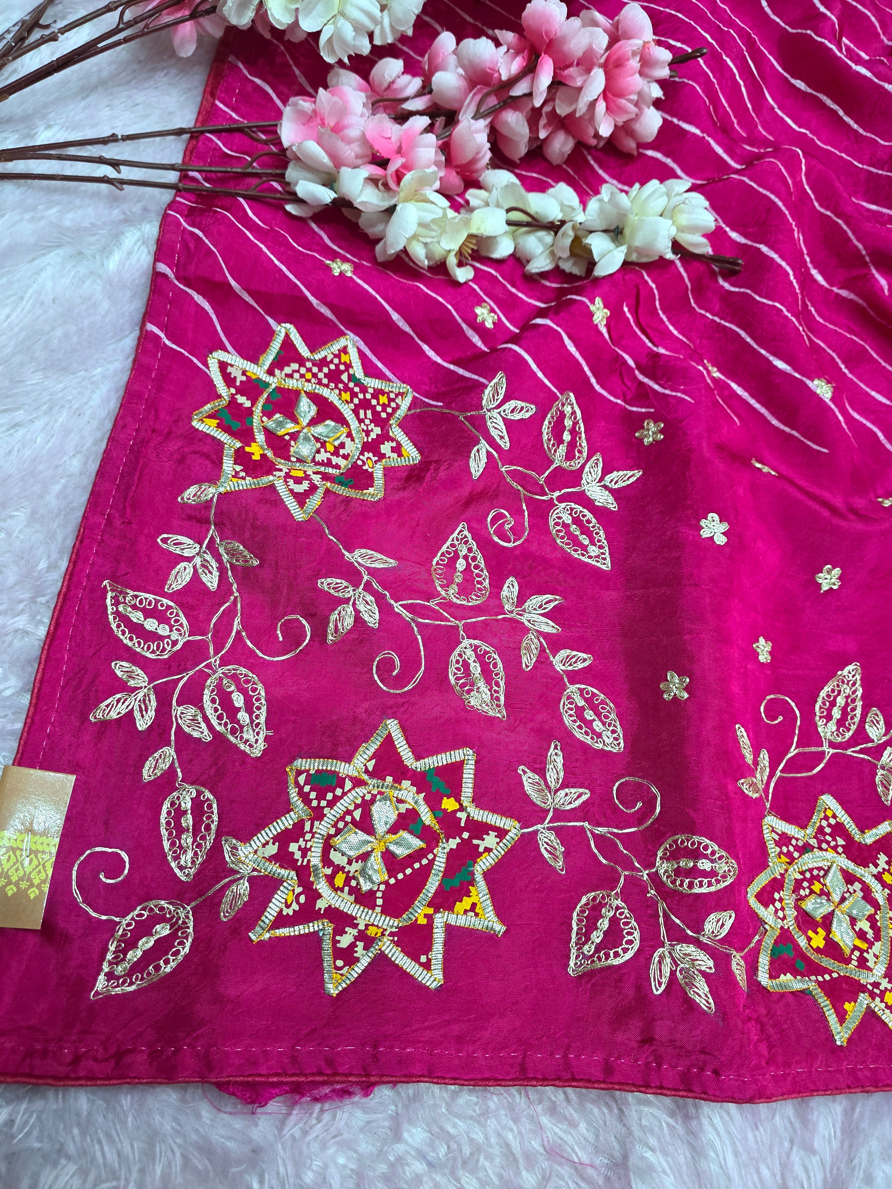 CA0762 Traditional Lehriya Upada Silk Saree with Pitta and Gota Patti Work - Rani