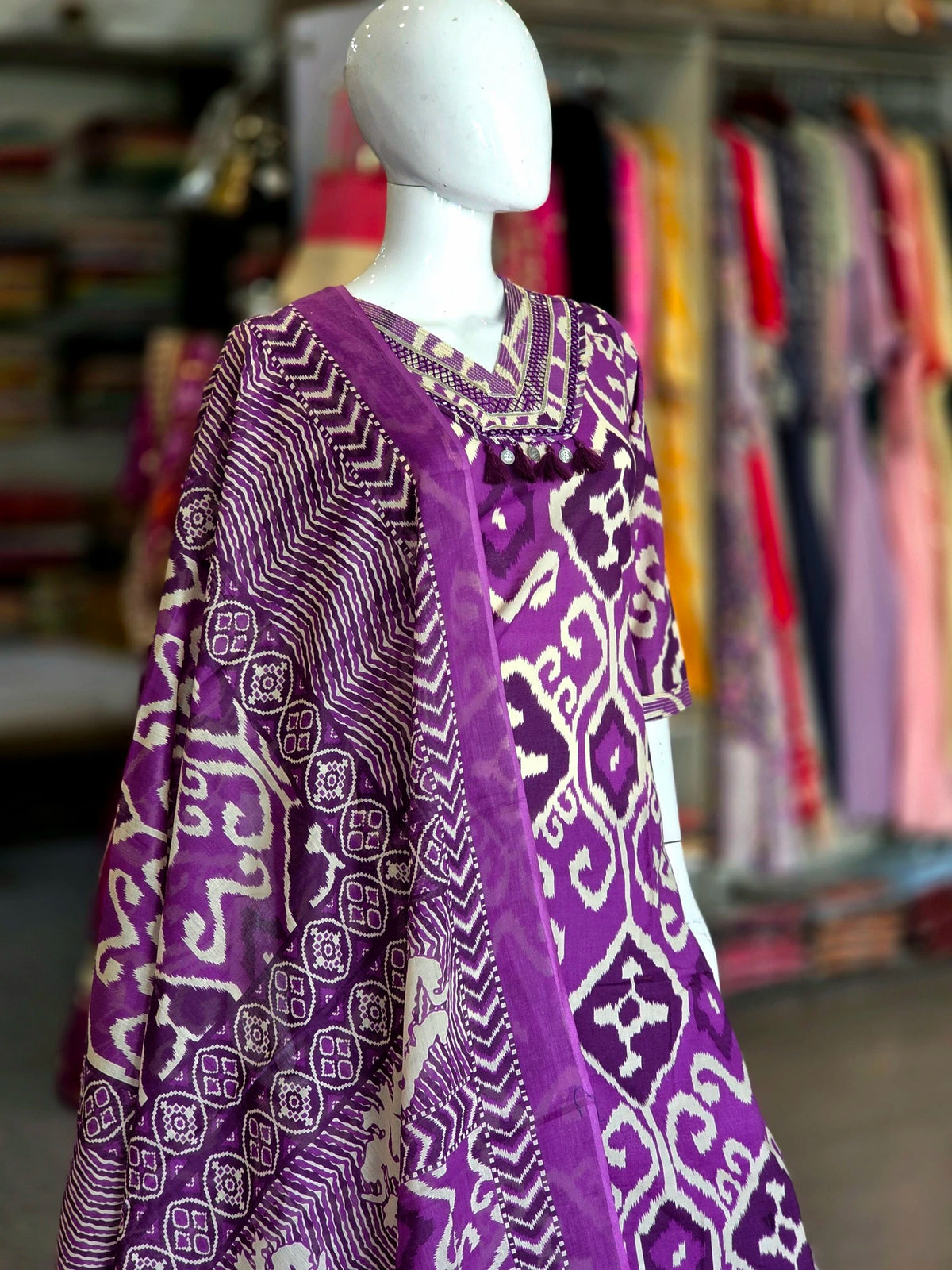767 Pure Cotton Straight Ikkat Print Cotton Kurti Set With Pant and Dupatta - Purple