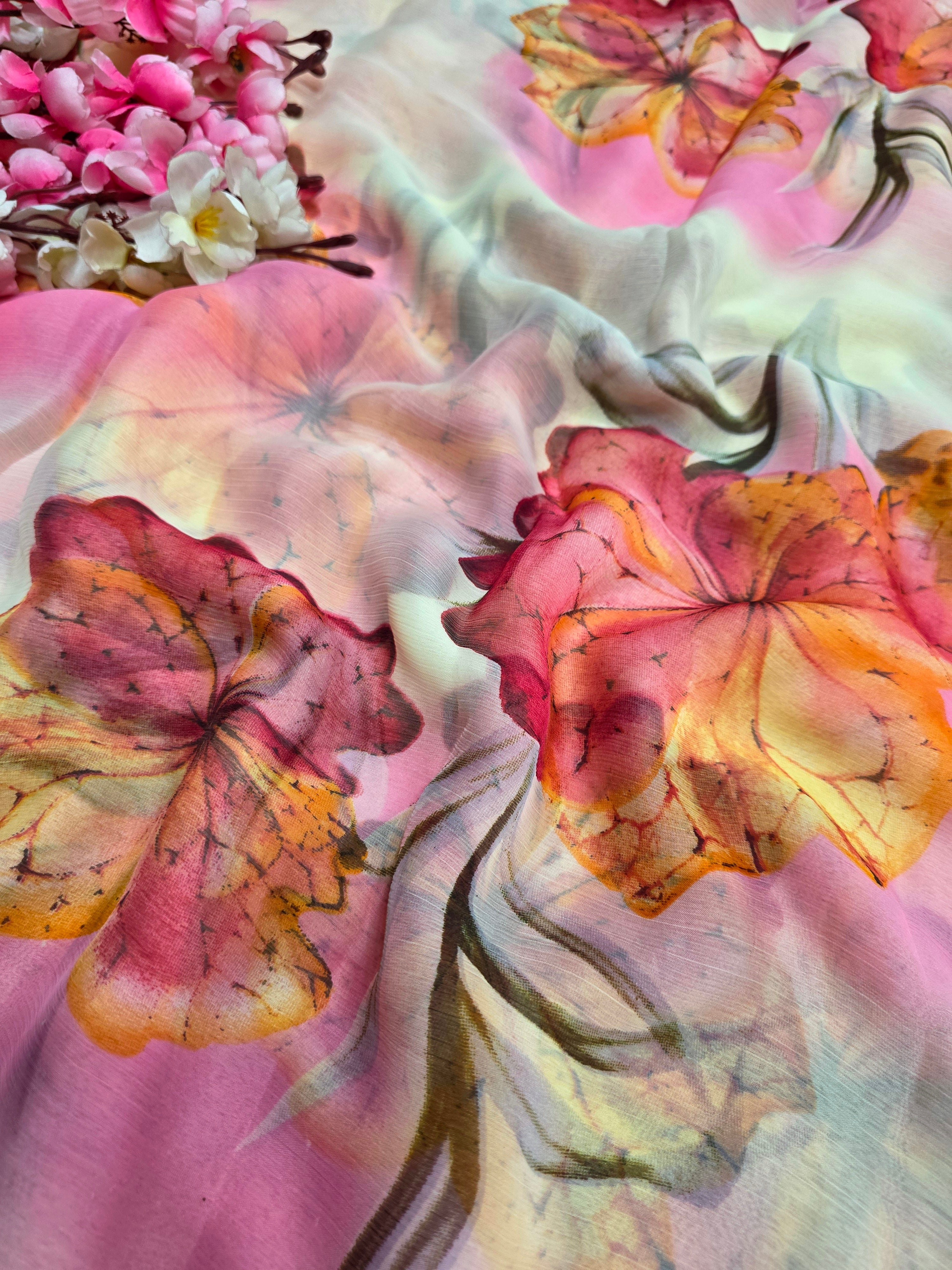 103902 Lightweight Elegant Semi Chiffon Flower Print Saree - Pink