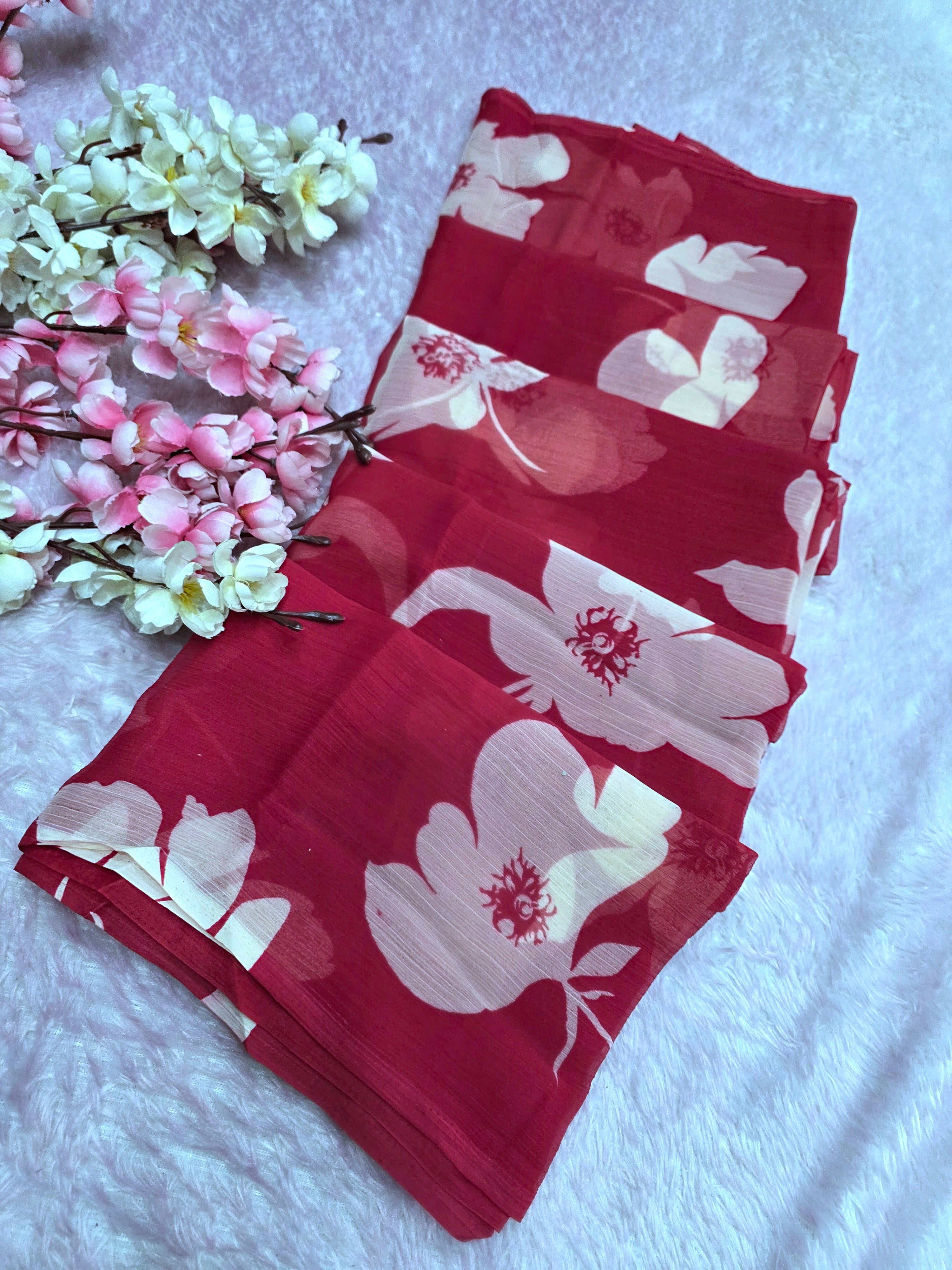 103903 Lightweight Elegant Semi Chiffon Flower Print Saree - Rani