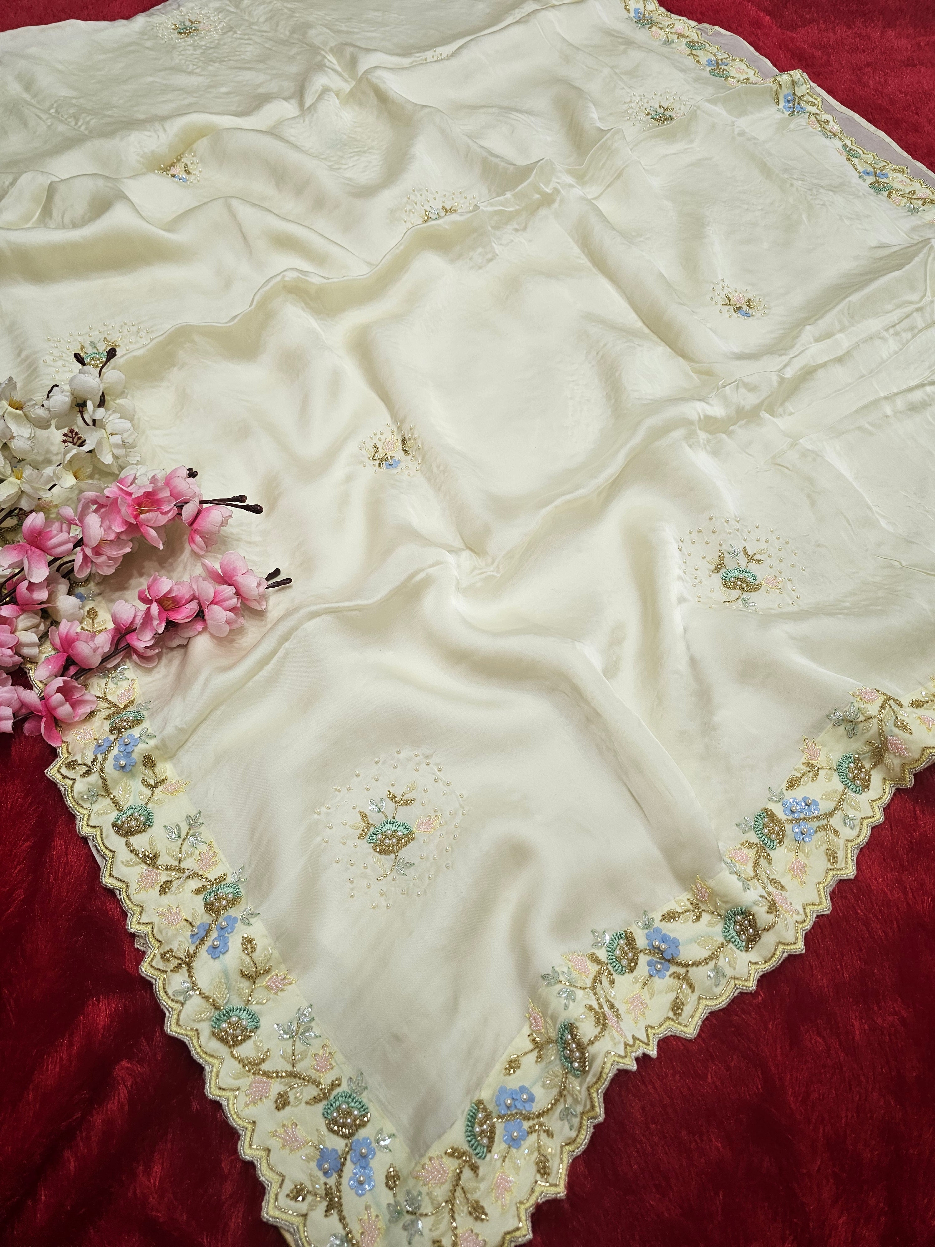 9332 Stylish Exclusive Pure Crepe Silk Hand Work Saree with Stitched Heavy Blouse