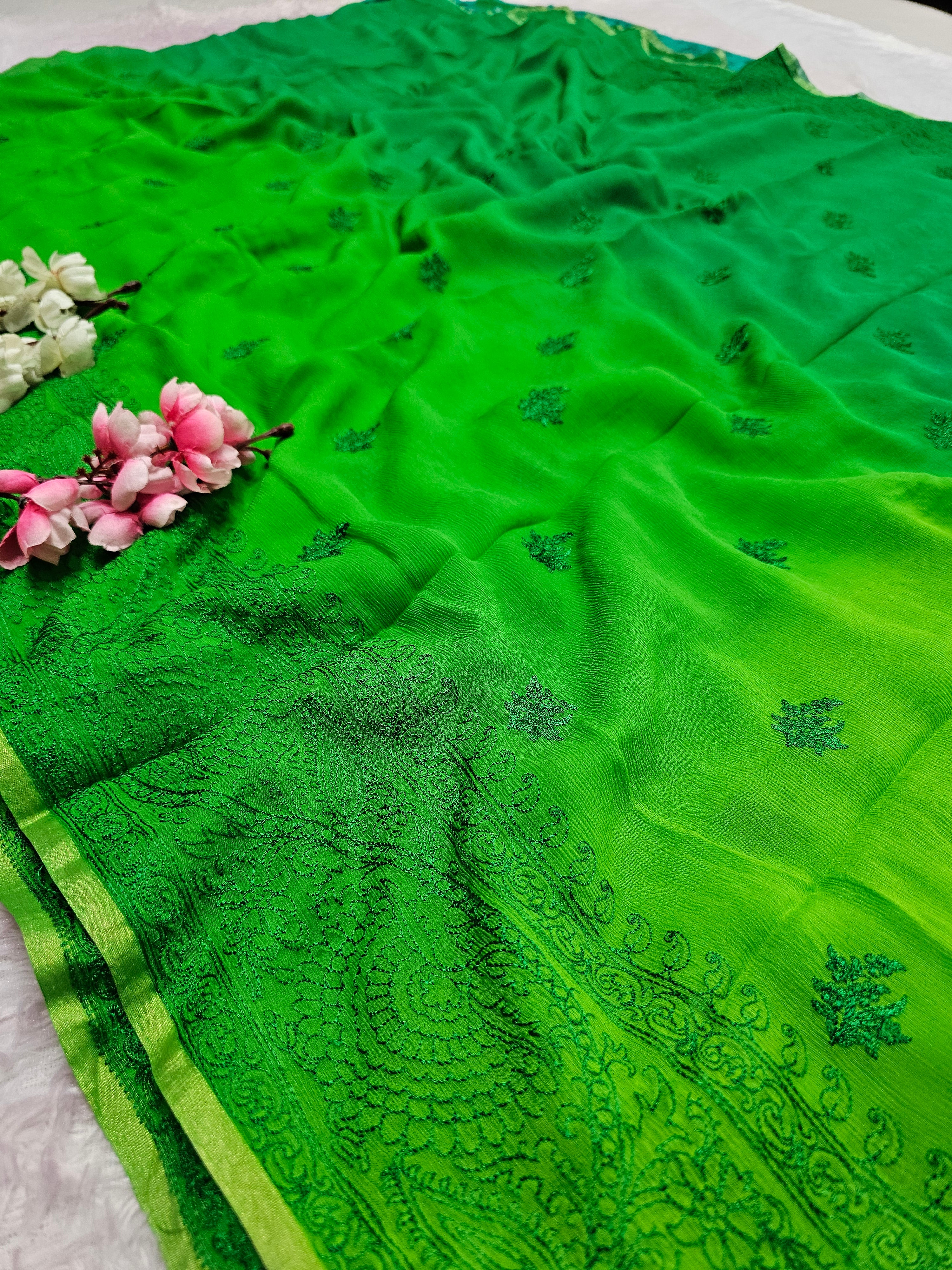 CA652 Pure Exclusive Original Chiffon Green Shaded Saree with Embroidery