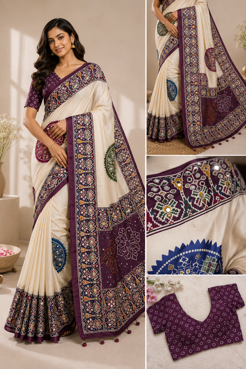 CA0768 Trending Mirror Work Ajrakh Patola Print Semi Modal Silk Saree - Wine