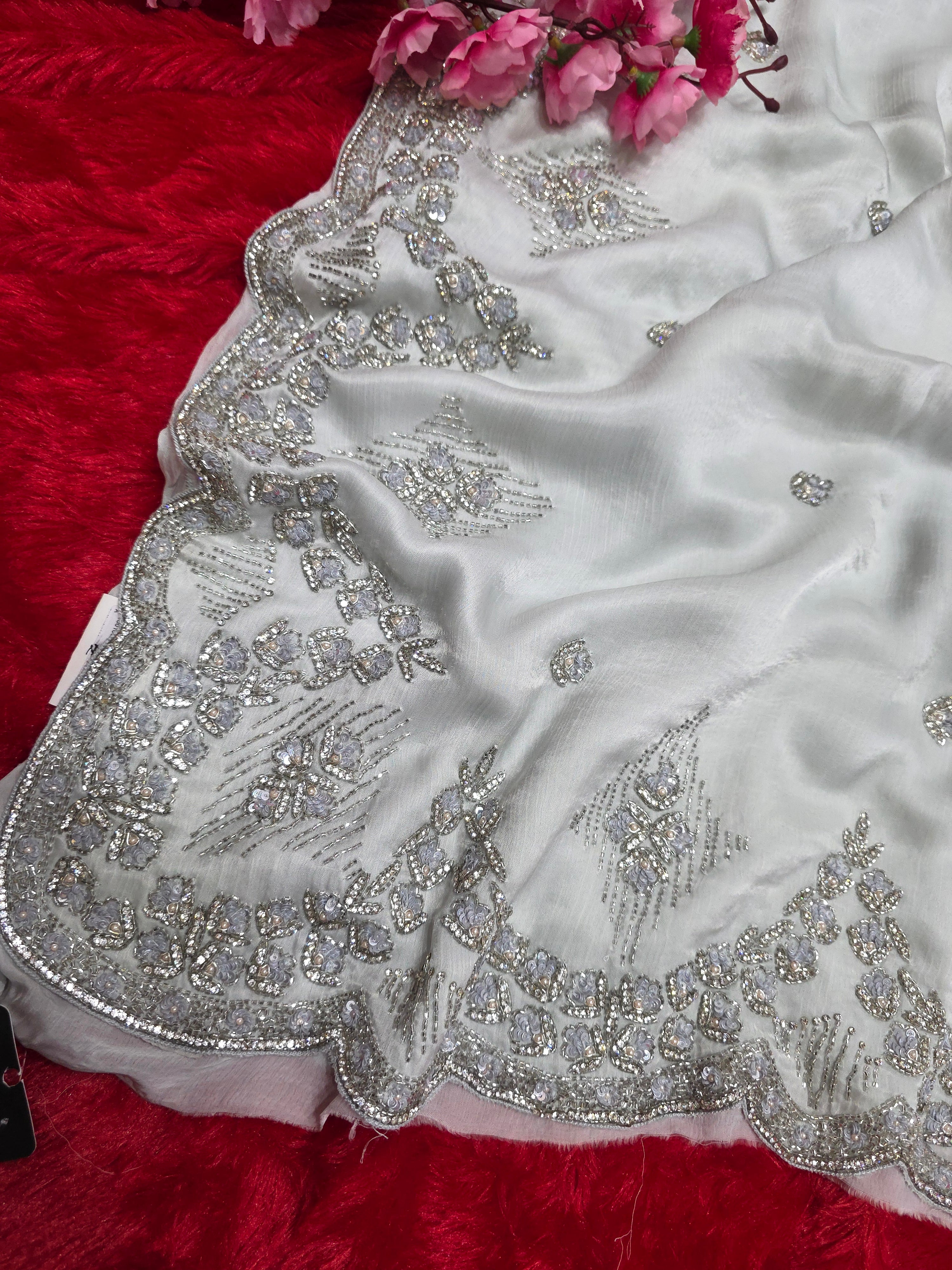 8072 Exclusive Wedding Wear Light Gray Color Designer Saree With Handwork