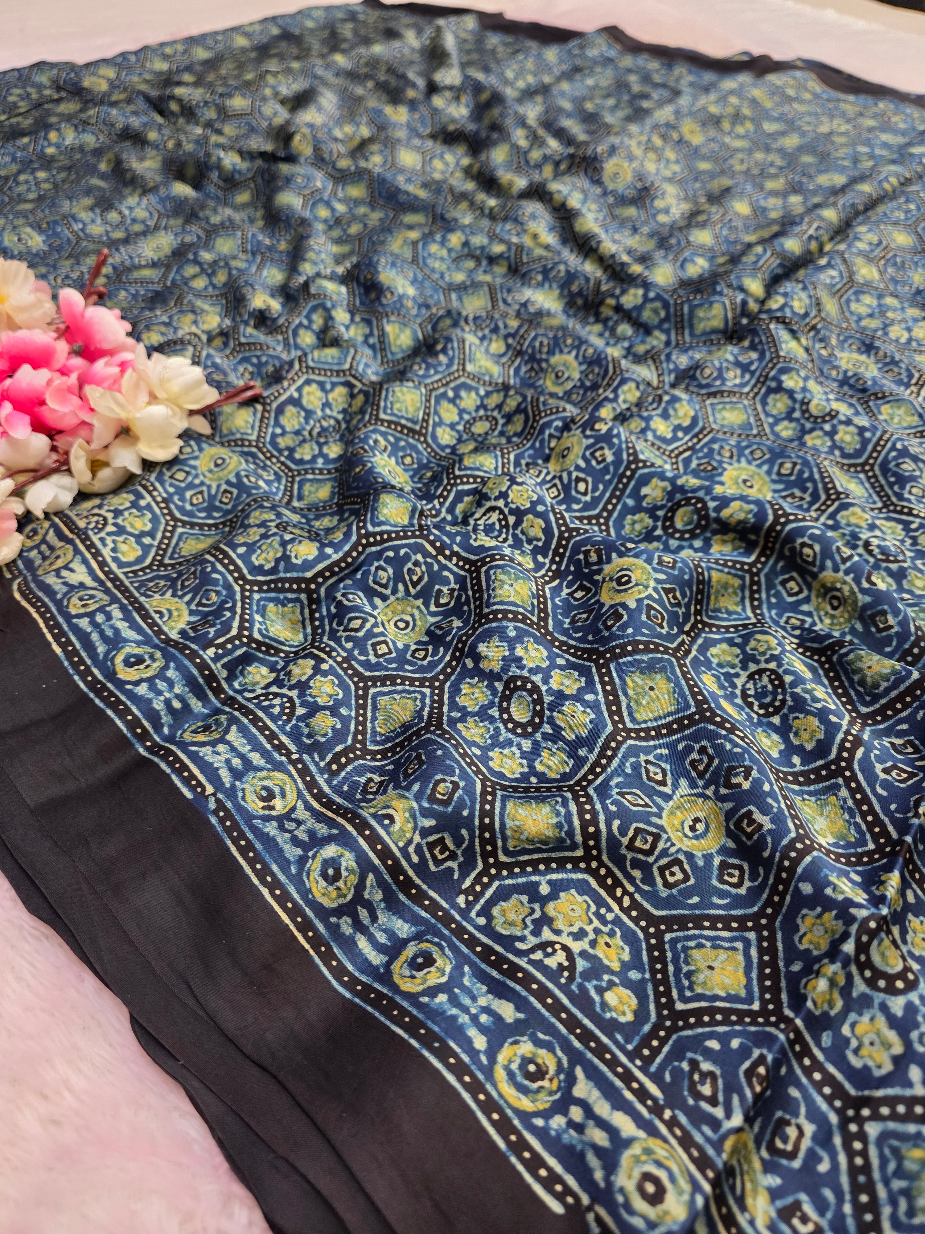 CA0737 Pure Modal Silk Ajrakh Natural Dye Saree Blue- Green