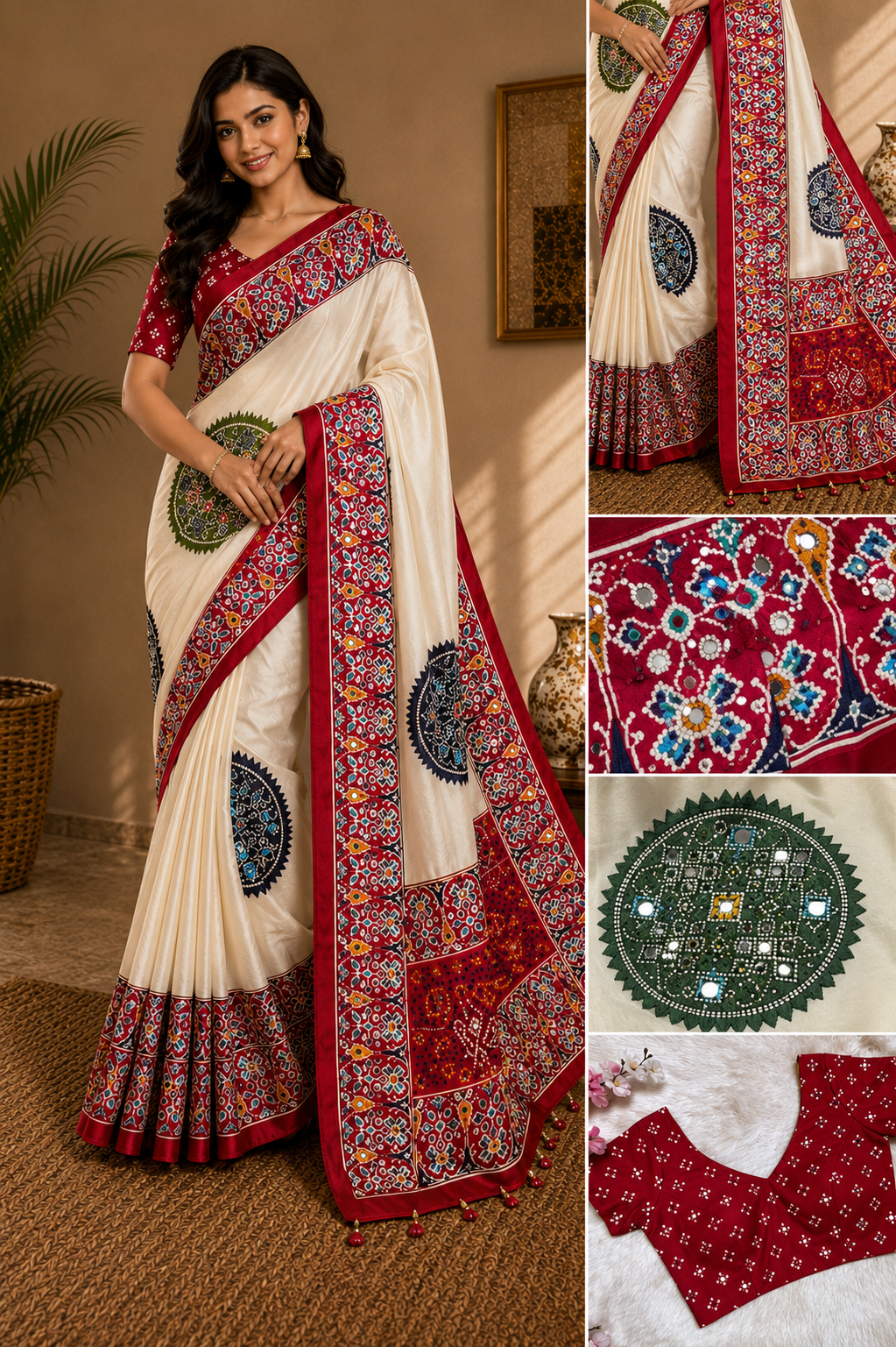 CA0768 Trending Mirror Work Ajrakh Patola Print Semi Modal Silk Saree - Red