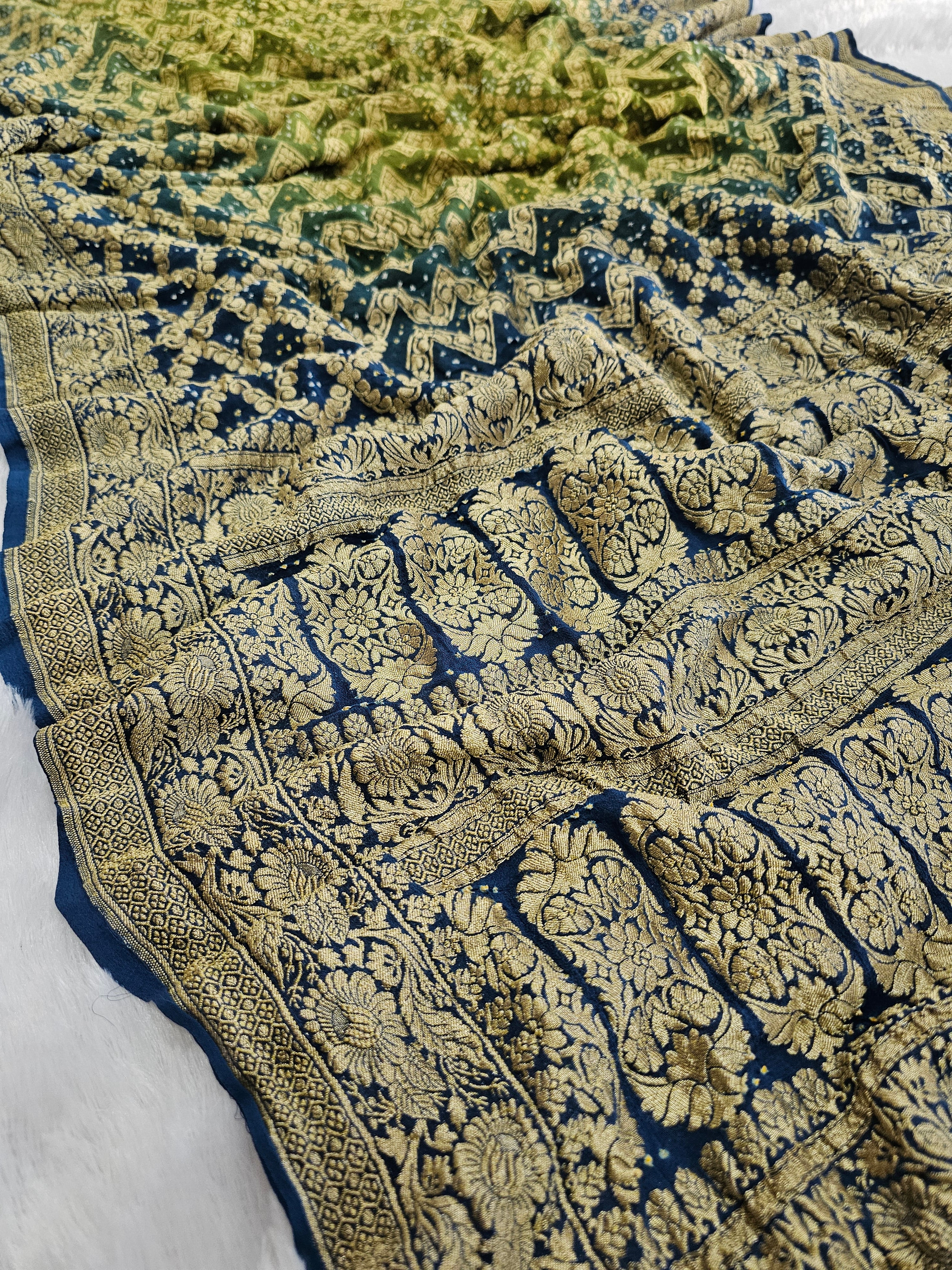 755005 Pure Georgette Blue and Green Color Rai Dana Bandhani Saree
