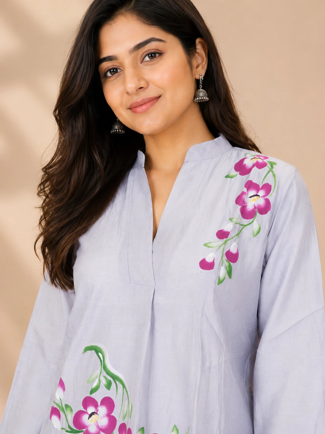 1792 Pure Soft Cotton Silver Color Co-Ord Set With Hand Painted Flowers