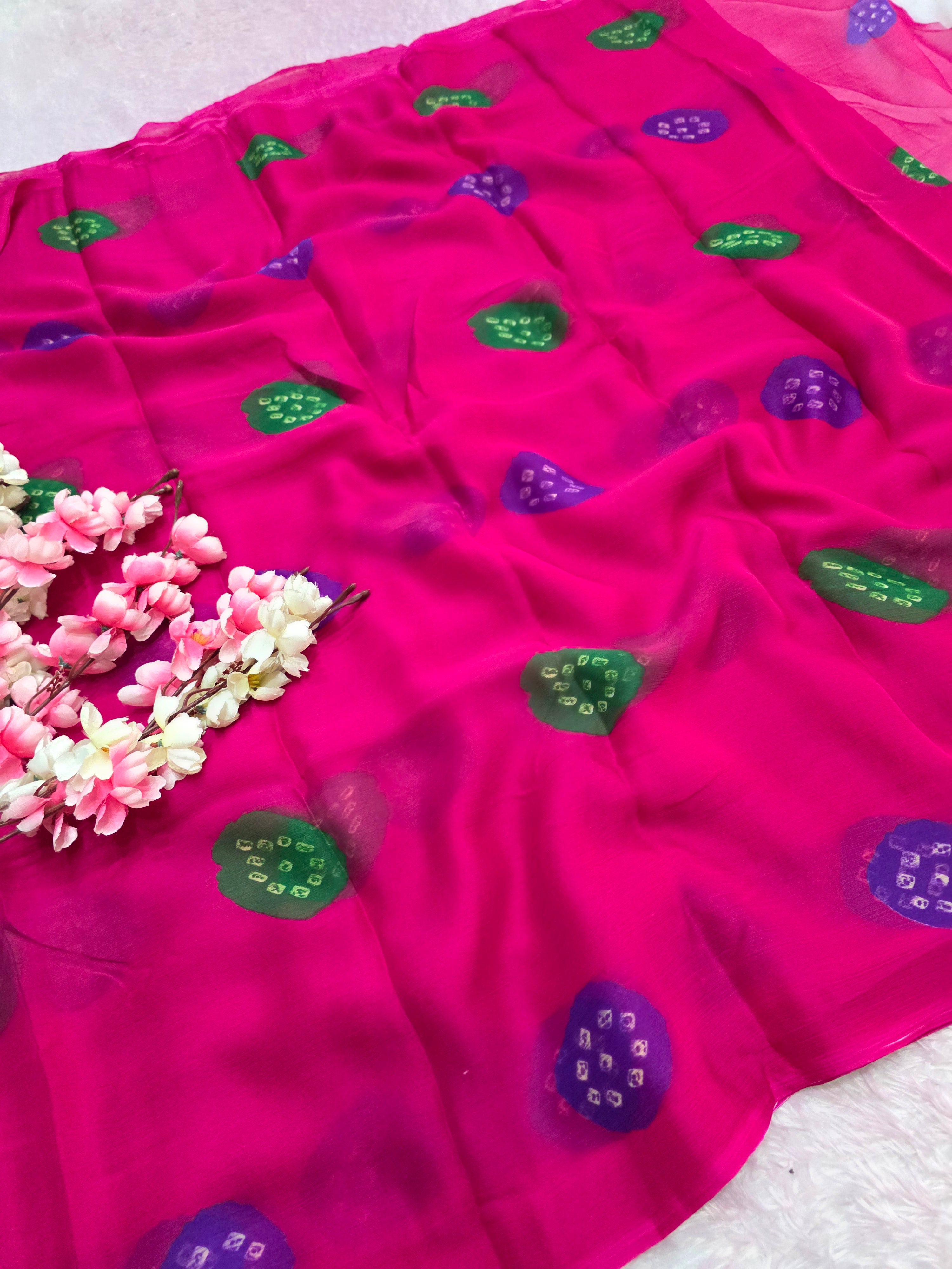 103906 Lightweight Elegant Semi Chiffon Bandhani Laddu Print Saree - Rani