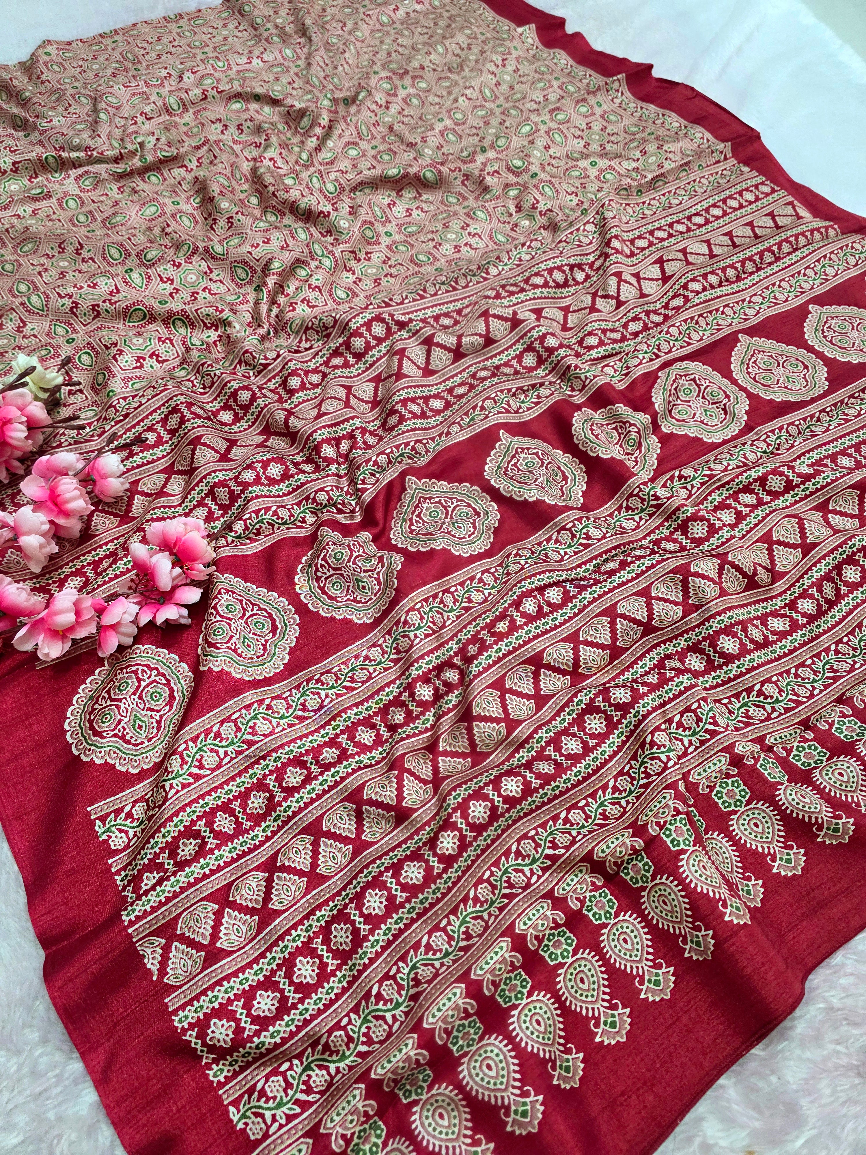 973001 Traditional Ajrakh Print Semi Dola Silk Saree - Red