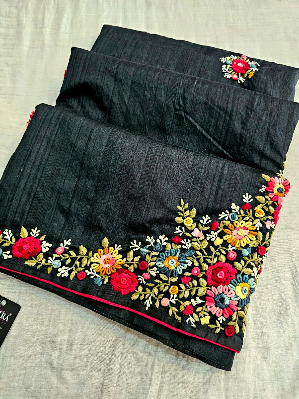 746003 Semi Tusser Silk Hand Made Saree With Premium Suta Work BLACK