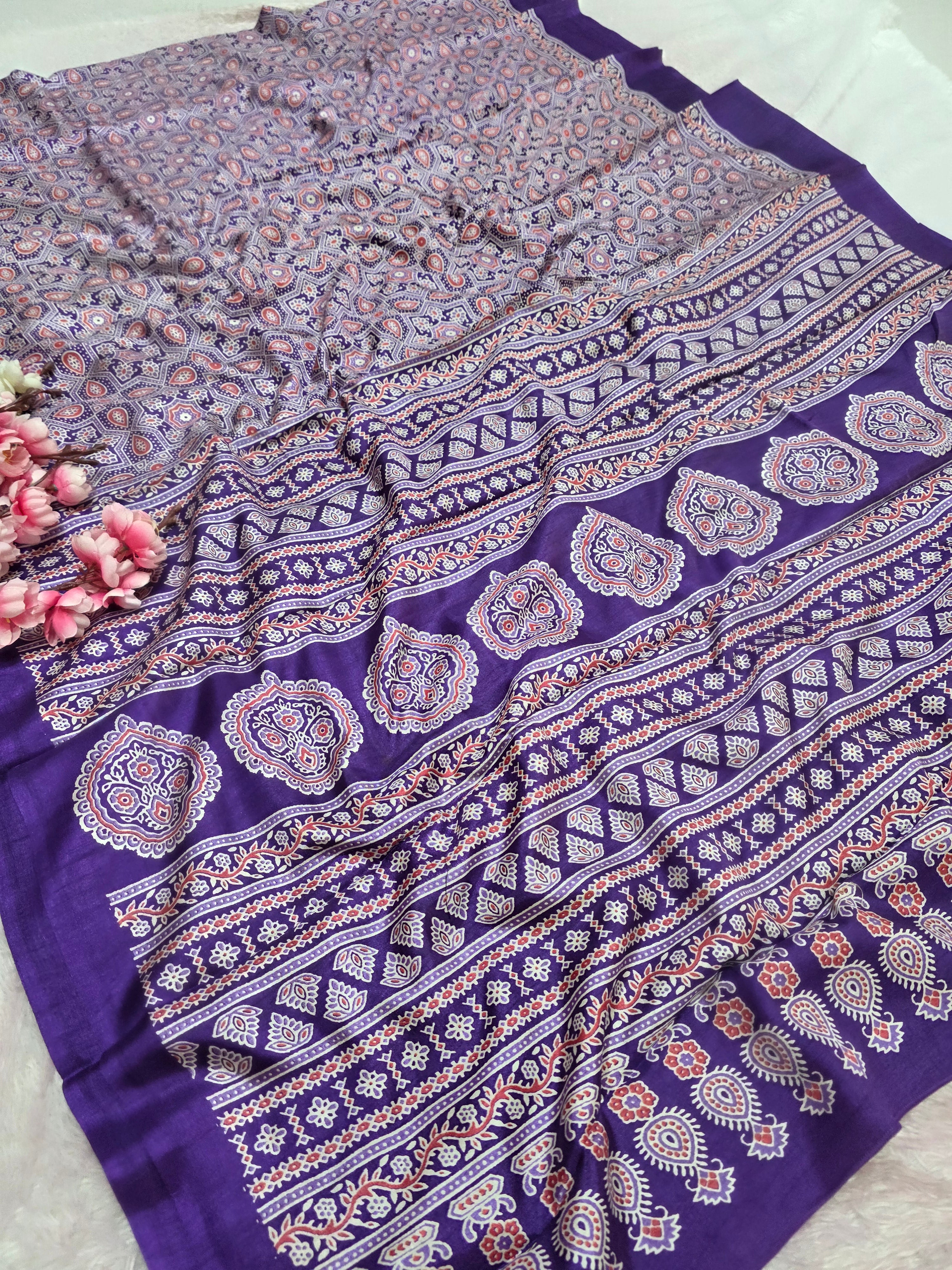 973001 Traditional Ajrakh Print Semi Dola Silk Saree - Purple