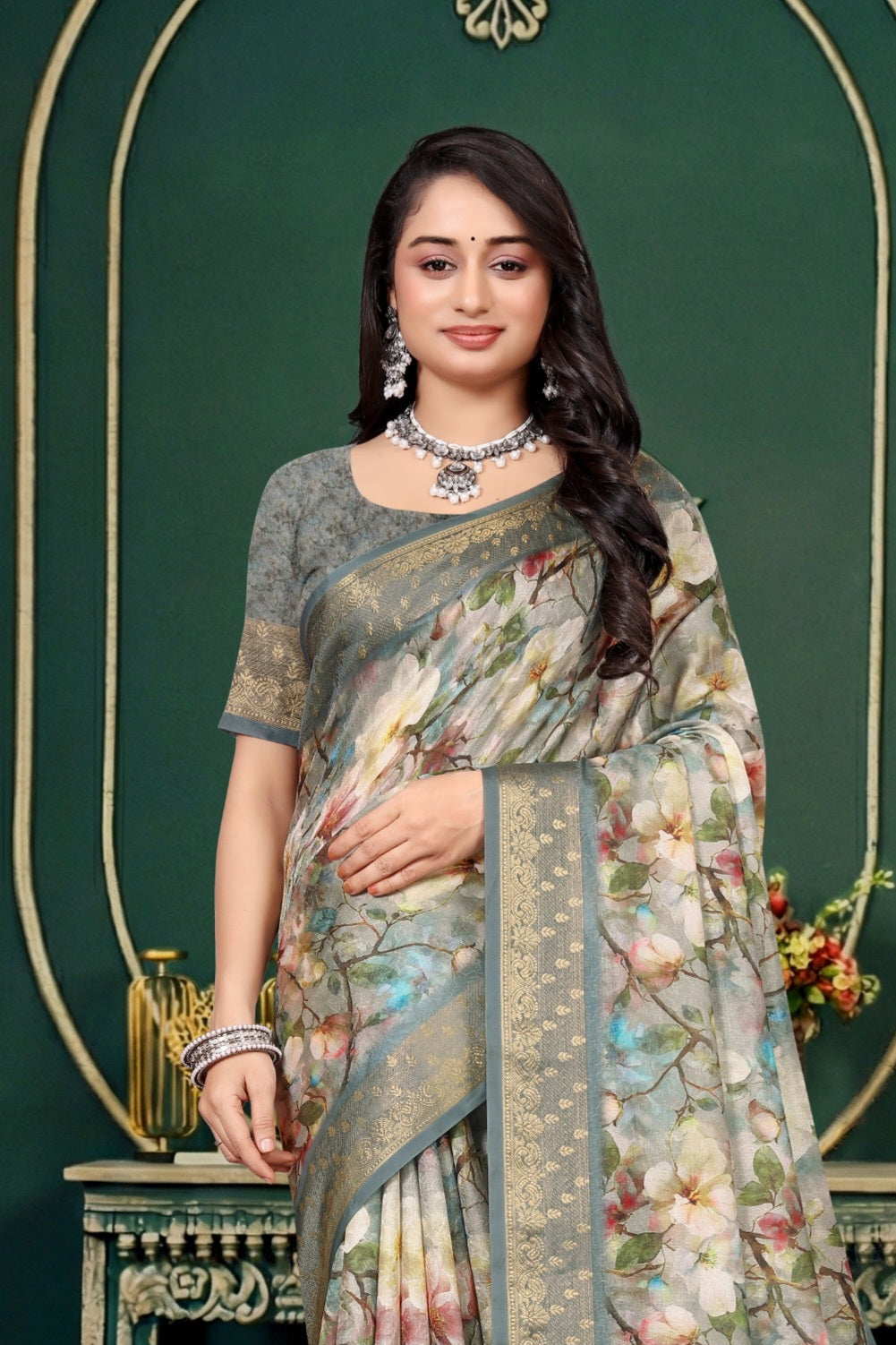 102212 Designer Soft Dola Silk Flower Printed Saree with Zari Weaving Border