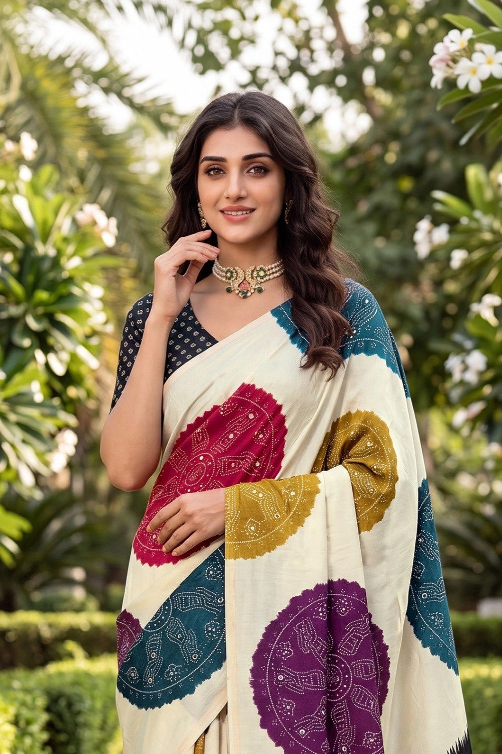 CA1499 Trending Mirror Work Ajrakh Patola Print Semi Modal Silk Saree - Black