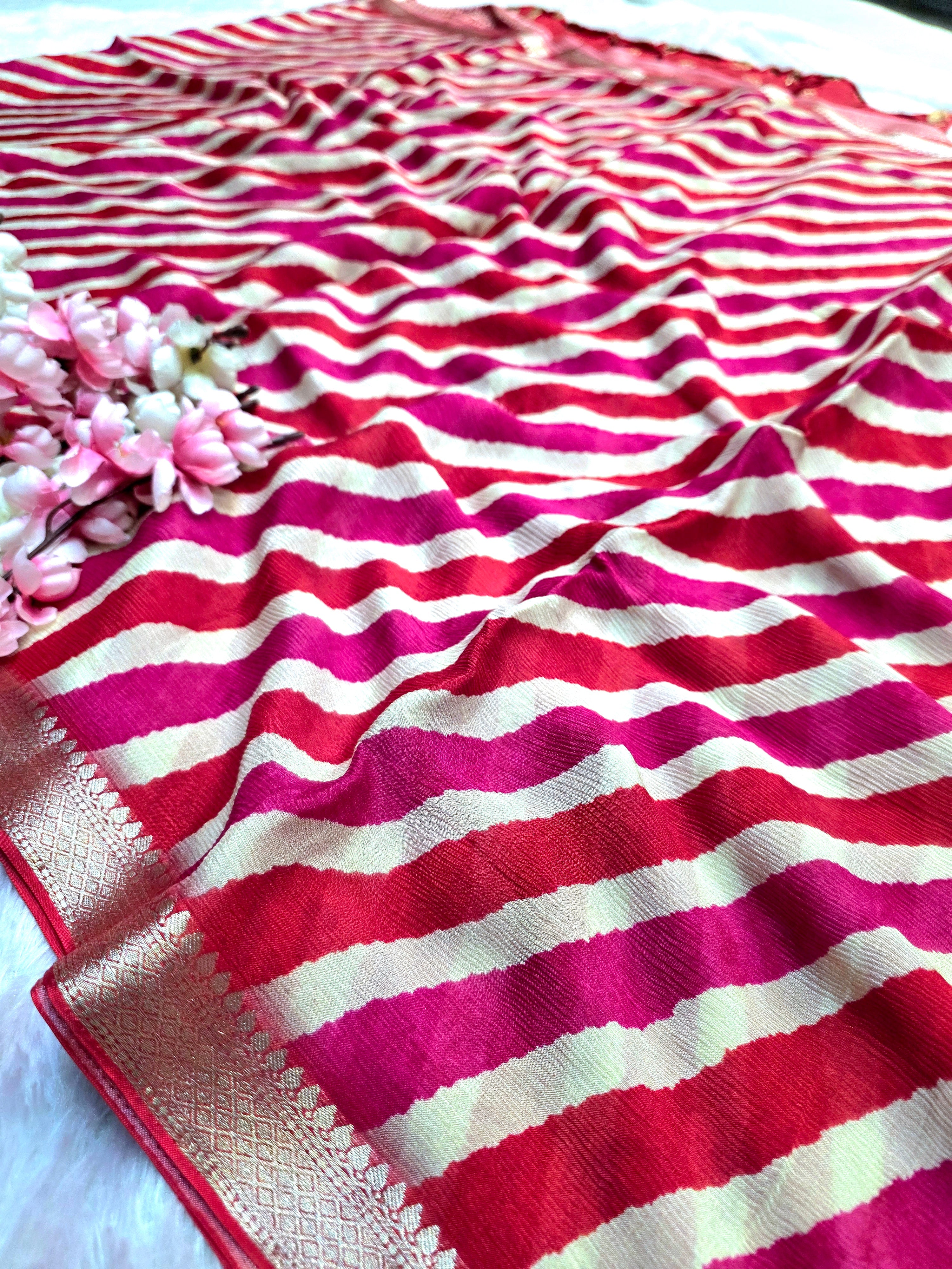 CA0788 PURE CHINON SiILK DESIGNER LAHRIYA SAREE - RANI