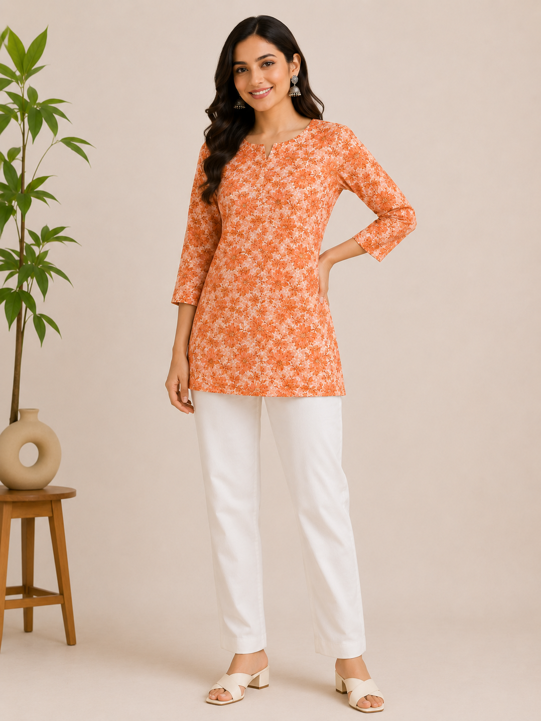 1758 Pure Cotton Hand Block Printed Shot Kurtis (Saffron)