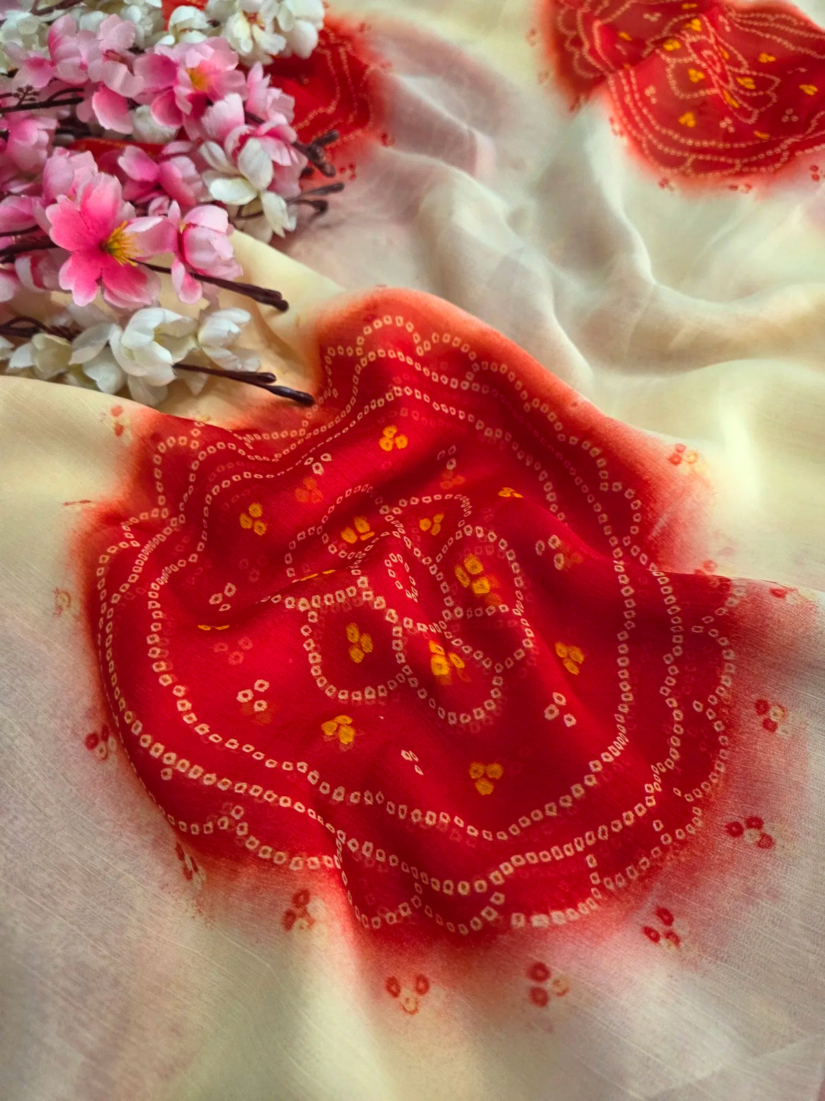 CA1486 Lightweight Elegant Semi Chiffon Bandhani Print Saree - Cream red