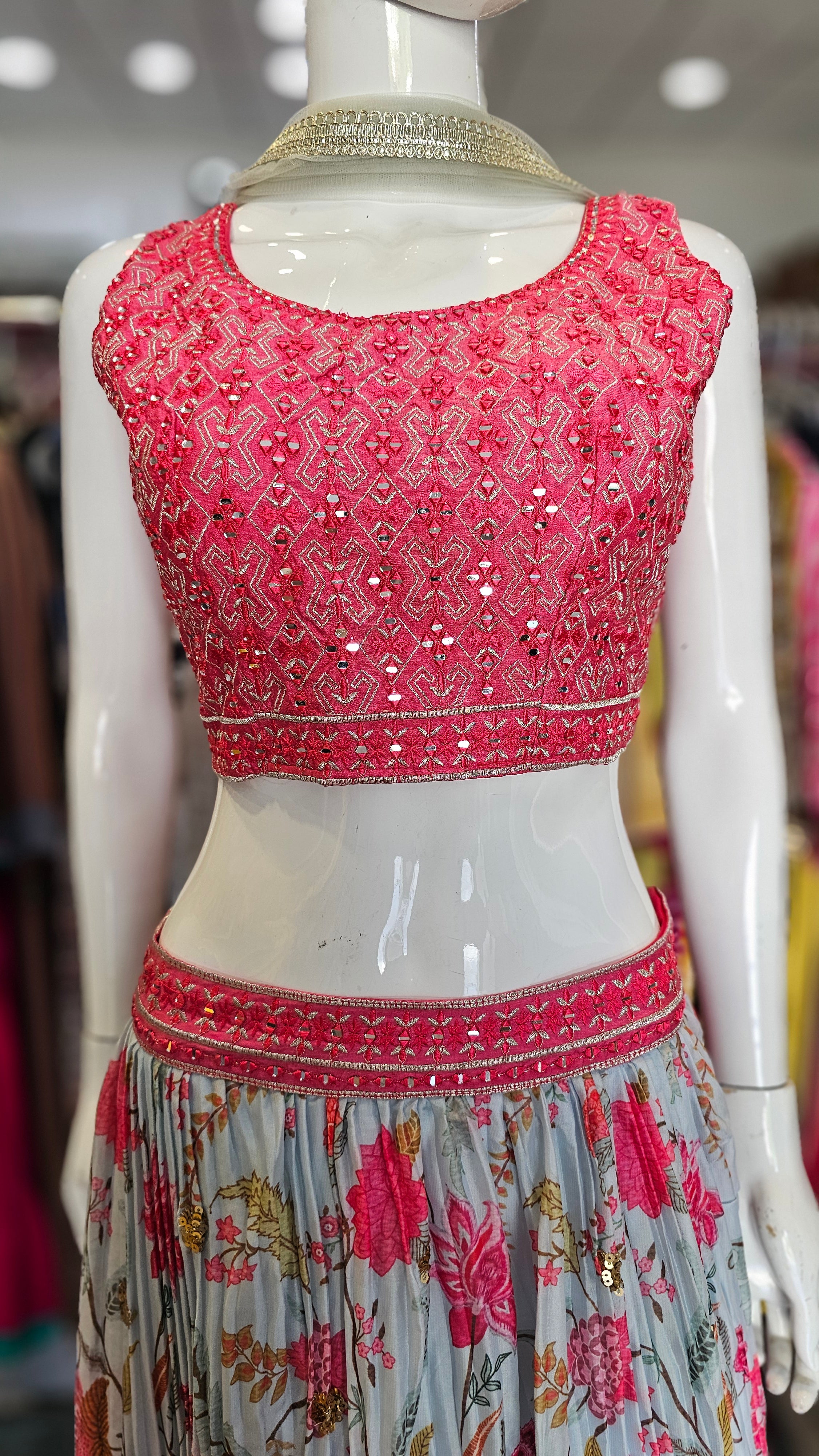 10771 Beautiful Flower print Crepe Silk Lehenga with Ready Blouse with Mirror Work