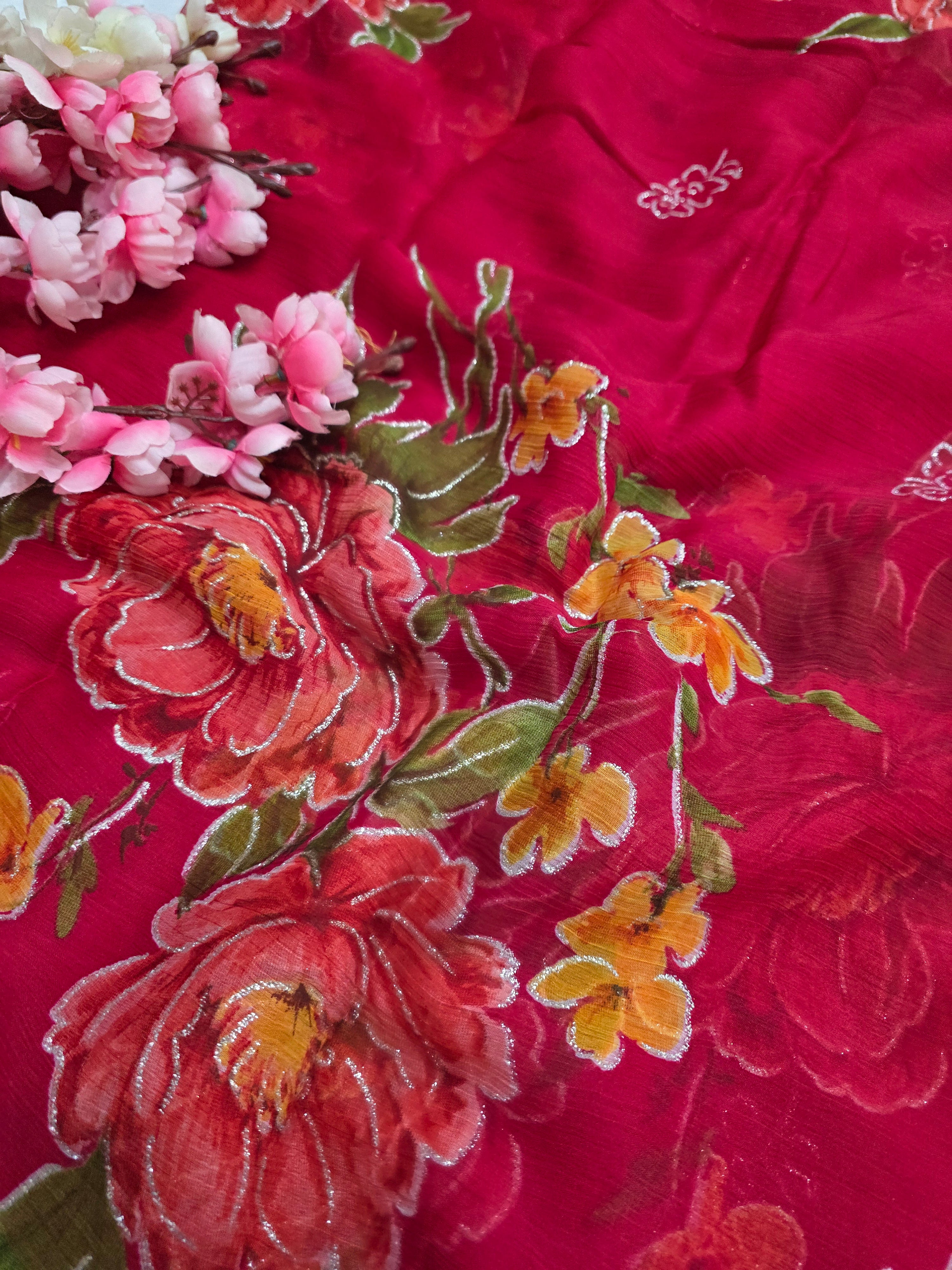 991002 Lightweight Elegant Semi Chiffon Flower Print Saree with Zari Print - Rani