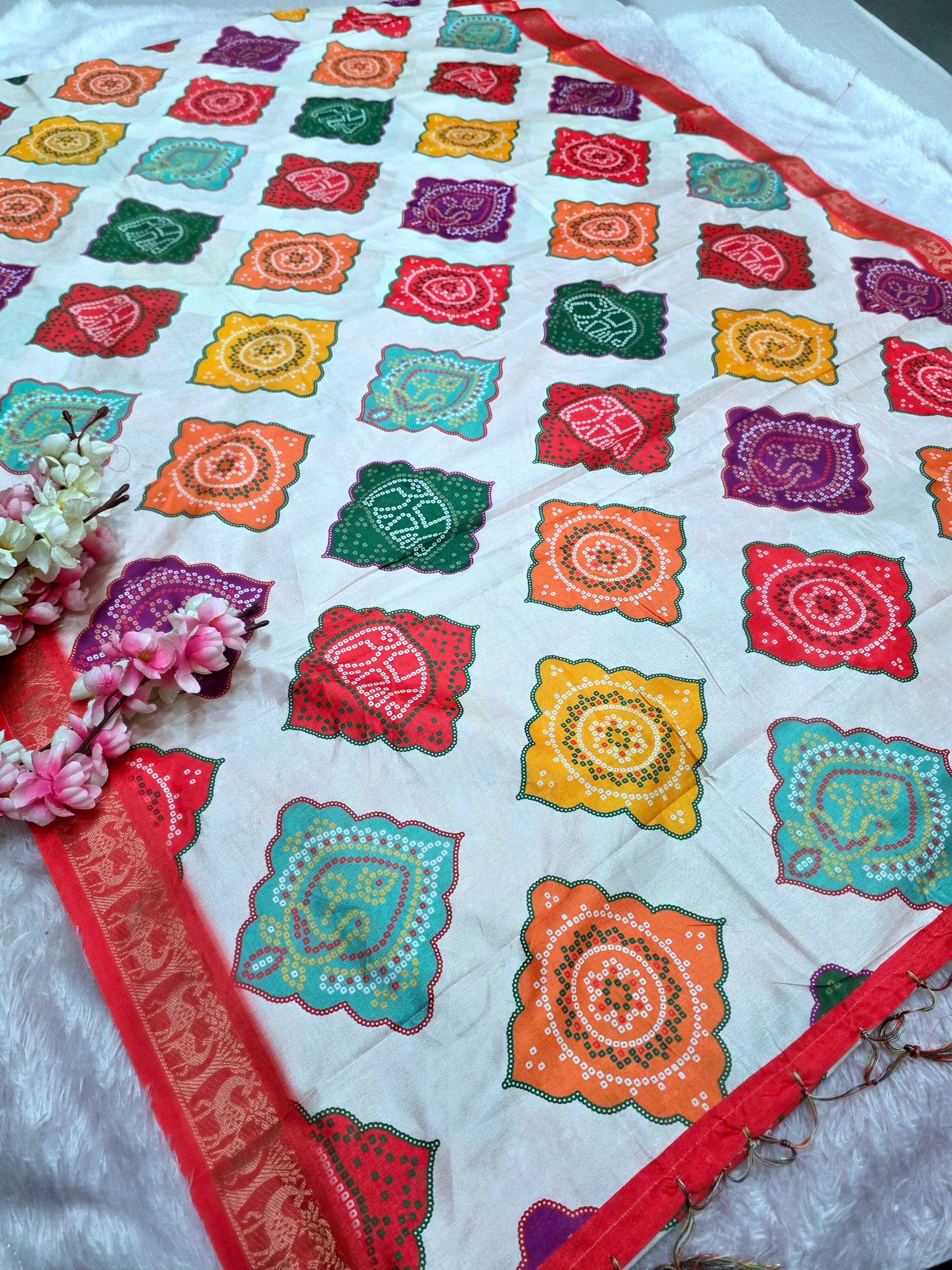 992001 Designer Colorful Bandhani Print Dola Silk Saree with Zari Weaving Border